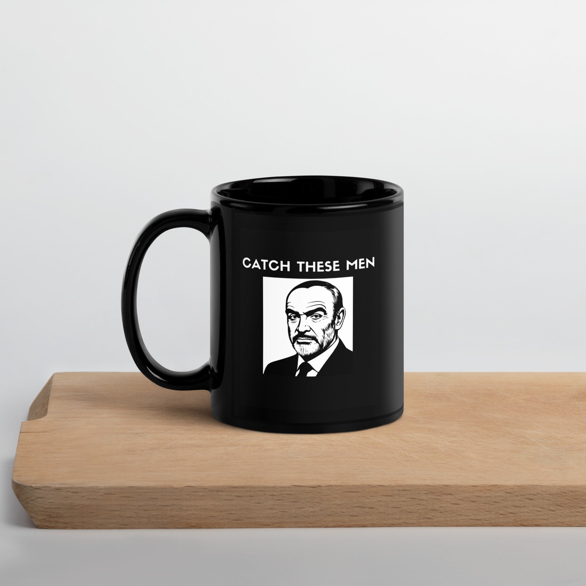 SNL Catch These Men Sean Connery Celebrity Jeopardy mug in 11oz black, left handle view