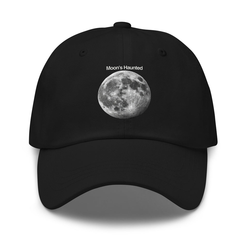 Moon's Haunted funny meme embroidered dad hat in black, front view