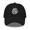 Moon's Haunted funny meme embroidered dad hat in black, front view