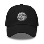 Moon's Haunted funny meme embroidered dad hat in black, front view