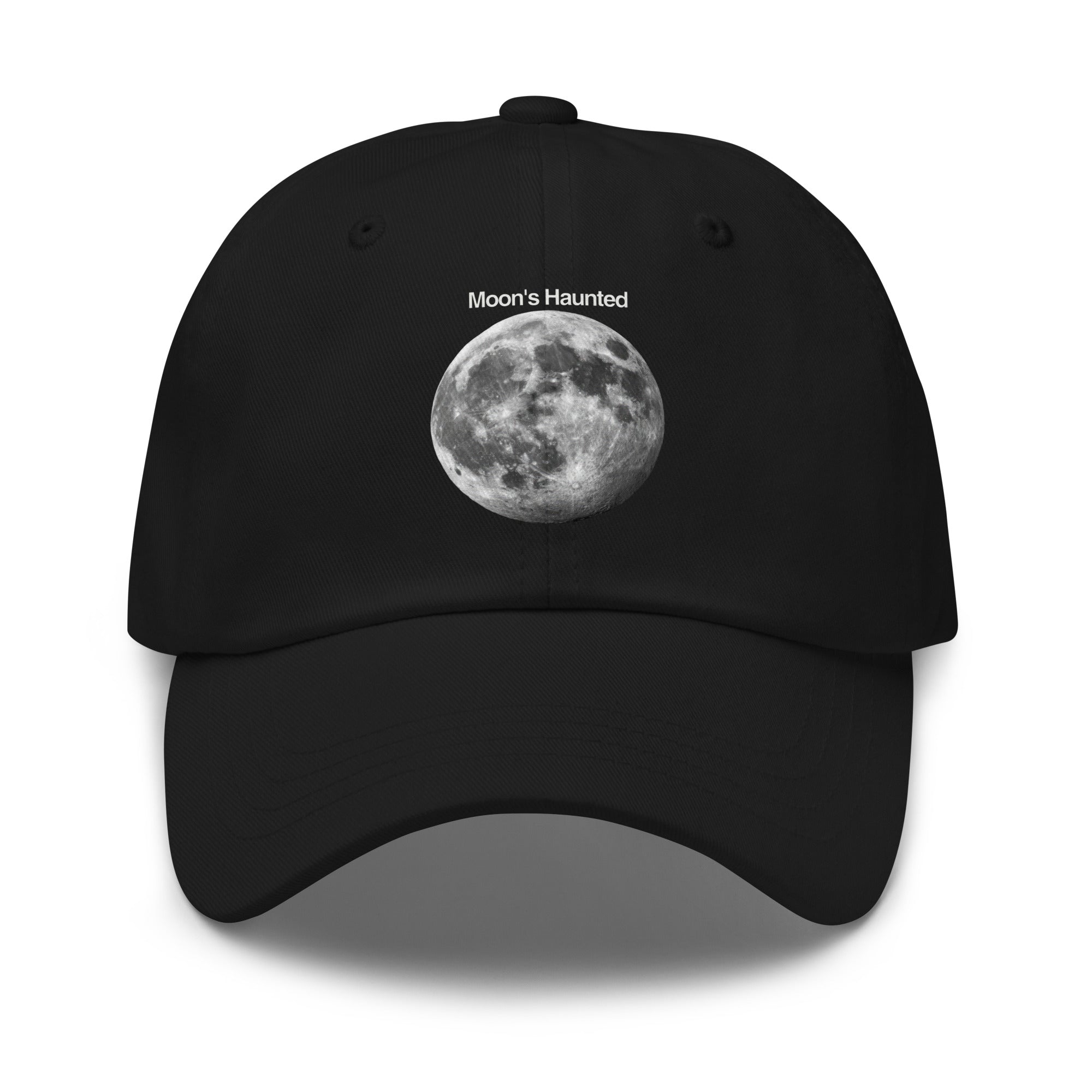 Moon's Haunted funny meme embroidered dad hat in black, front view