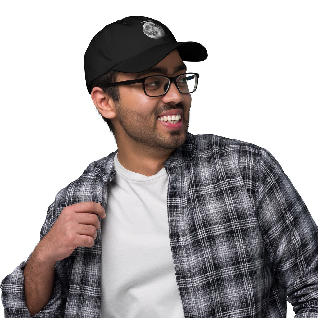 Moon's Haunted funny meme embroidered dad hat in black, right side view