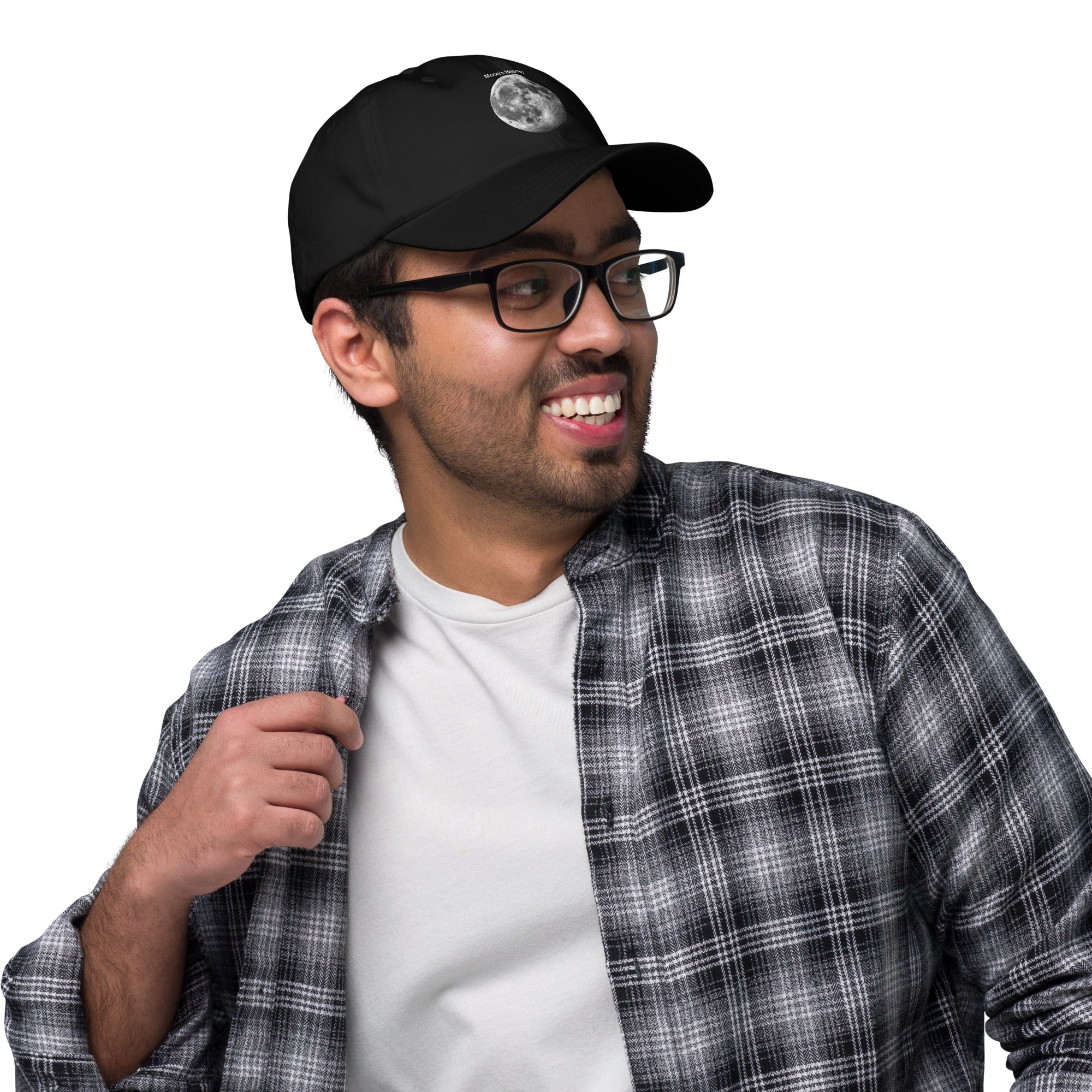 Moon's Haunted funny meme embroidered dad hat in black, right side view
