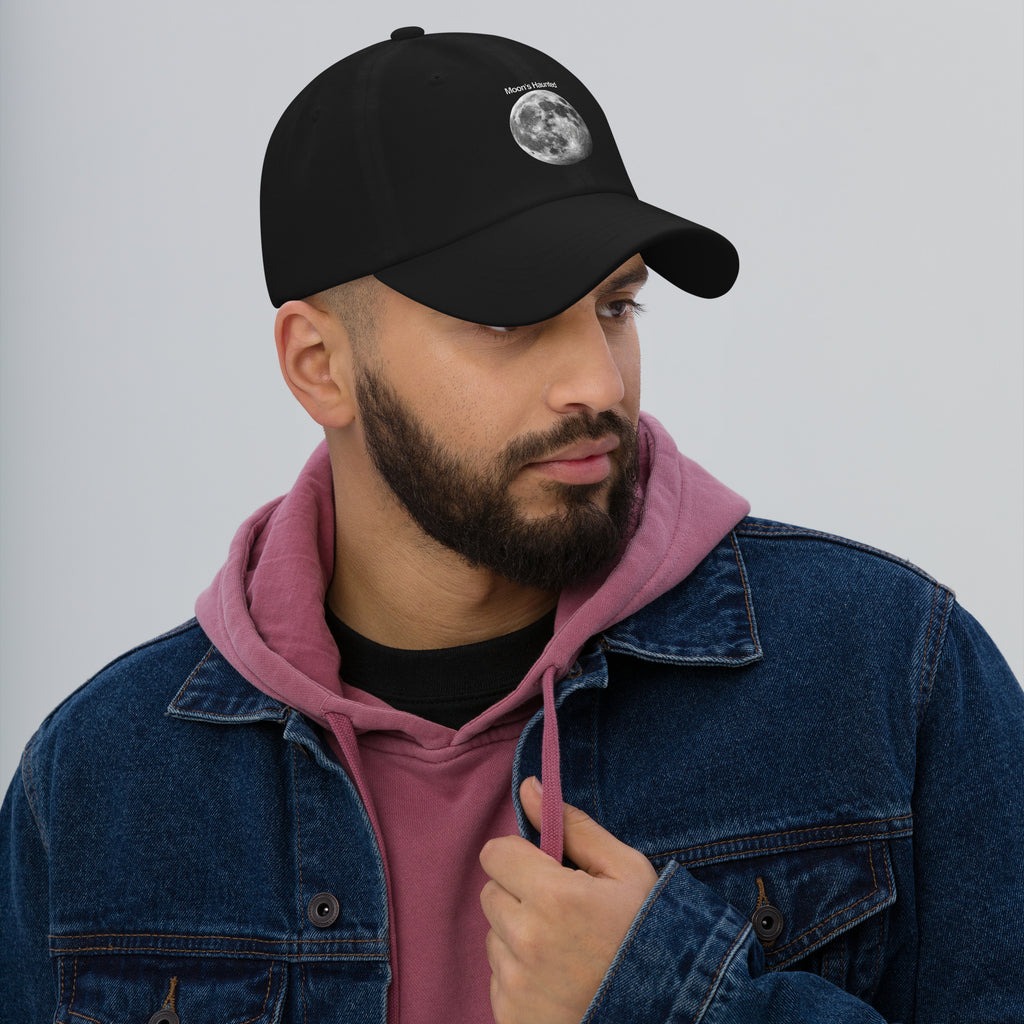 Moon's Haunted funny meme embroidered dad hat in black, right front view
