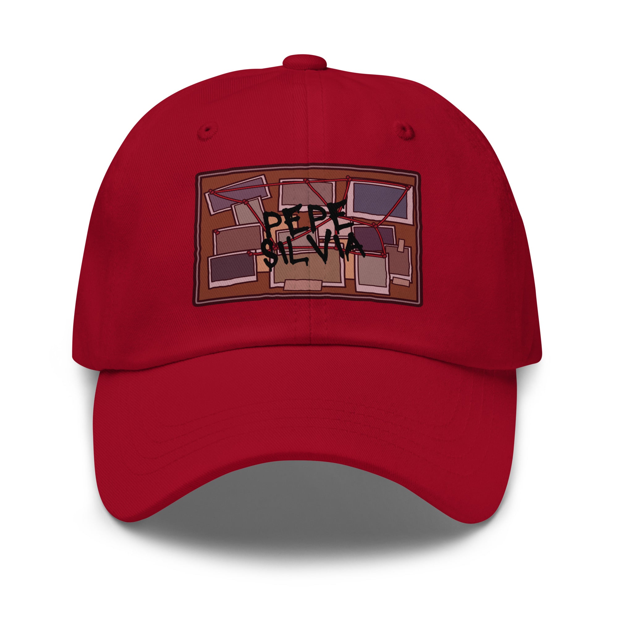 Pepe Silvia Always Sunny IASIP embroidered dad hat in cranberry, front view