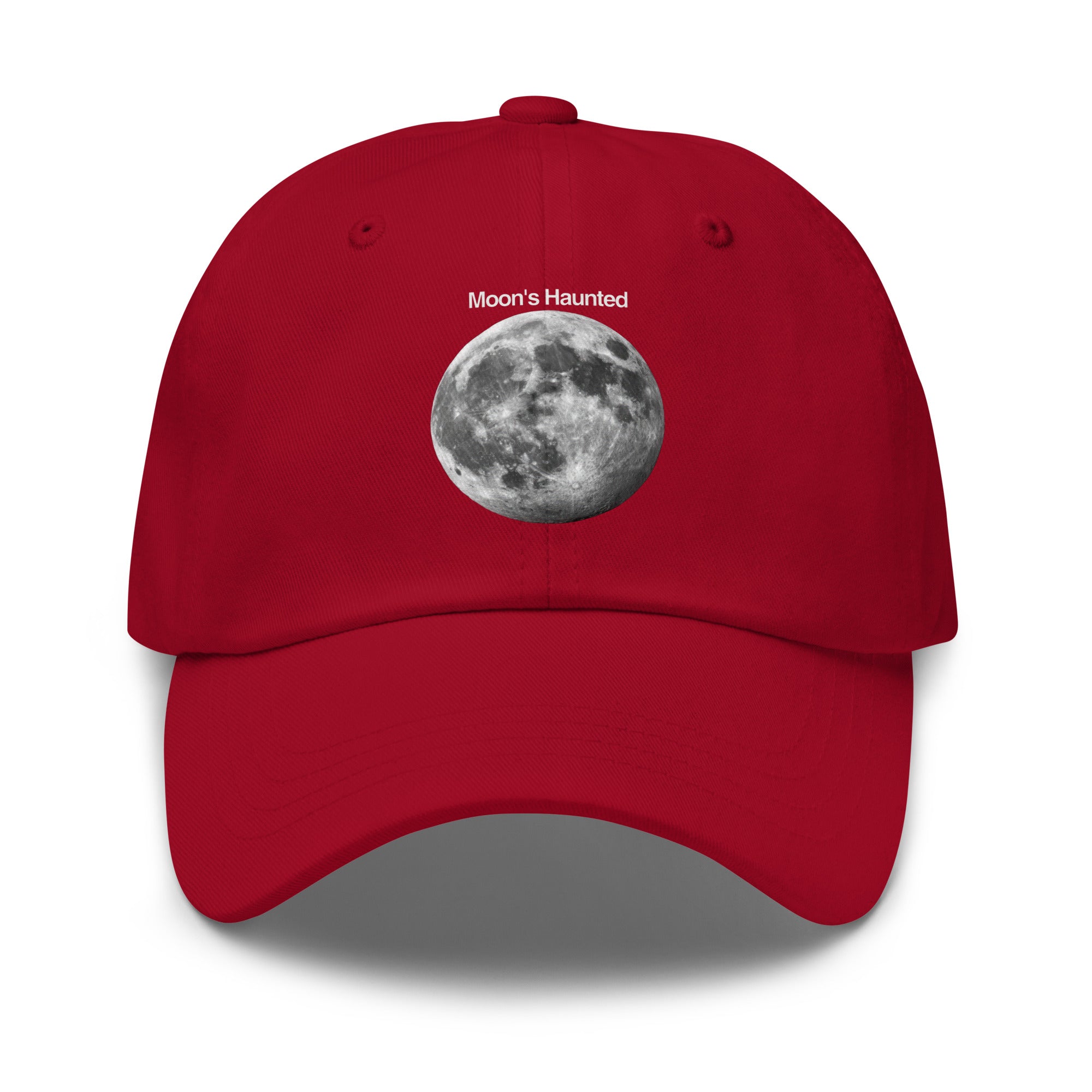 Moon's Haunted funny meme embroidered dad hat in cranberry, front view