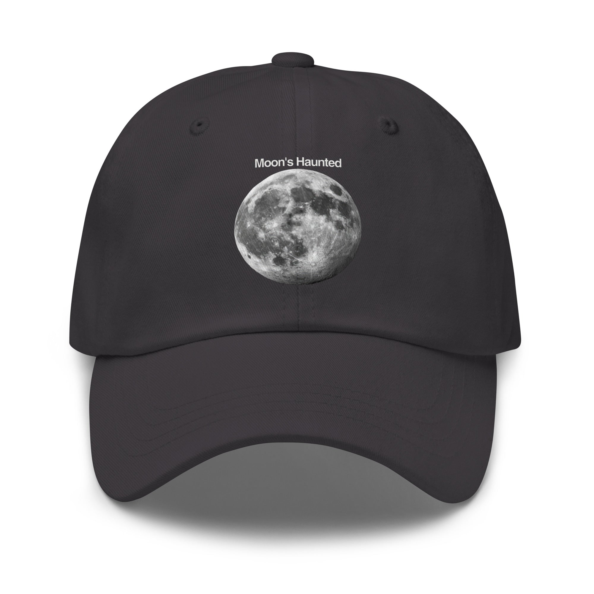 Moon's Haunted funny meme embroidered dad hat in dark grey, front view
