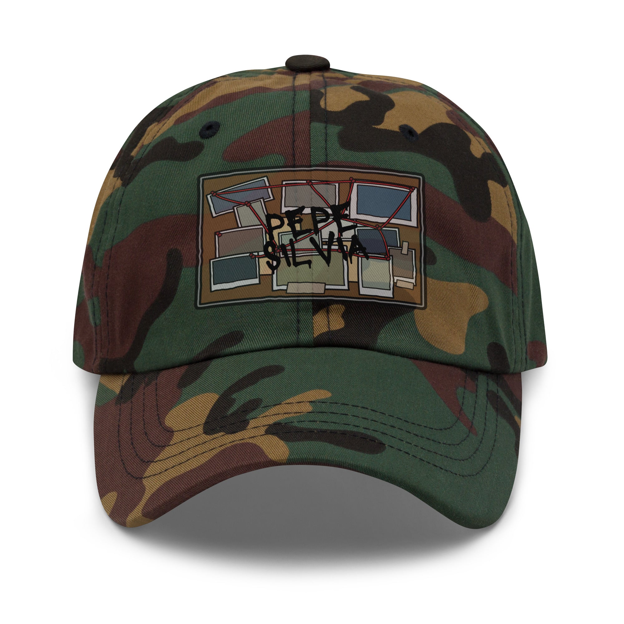 Pepe Silvia Always Sunny IASIP embroidered dad hat in green camo, front view