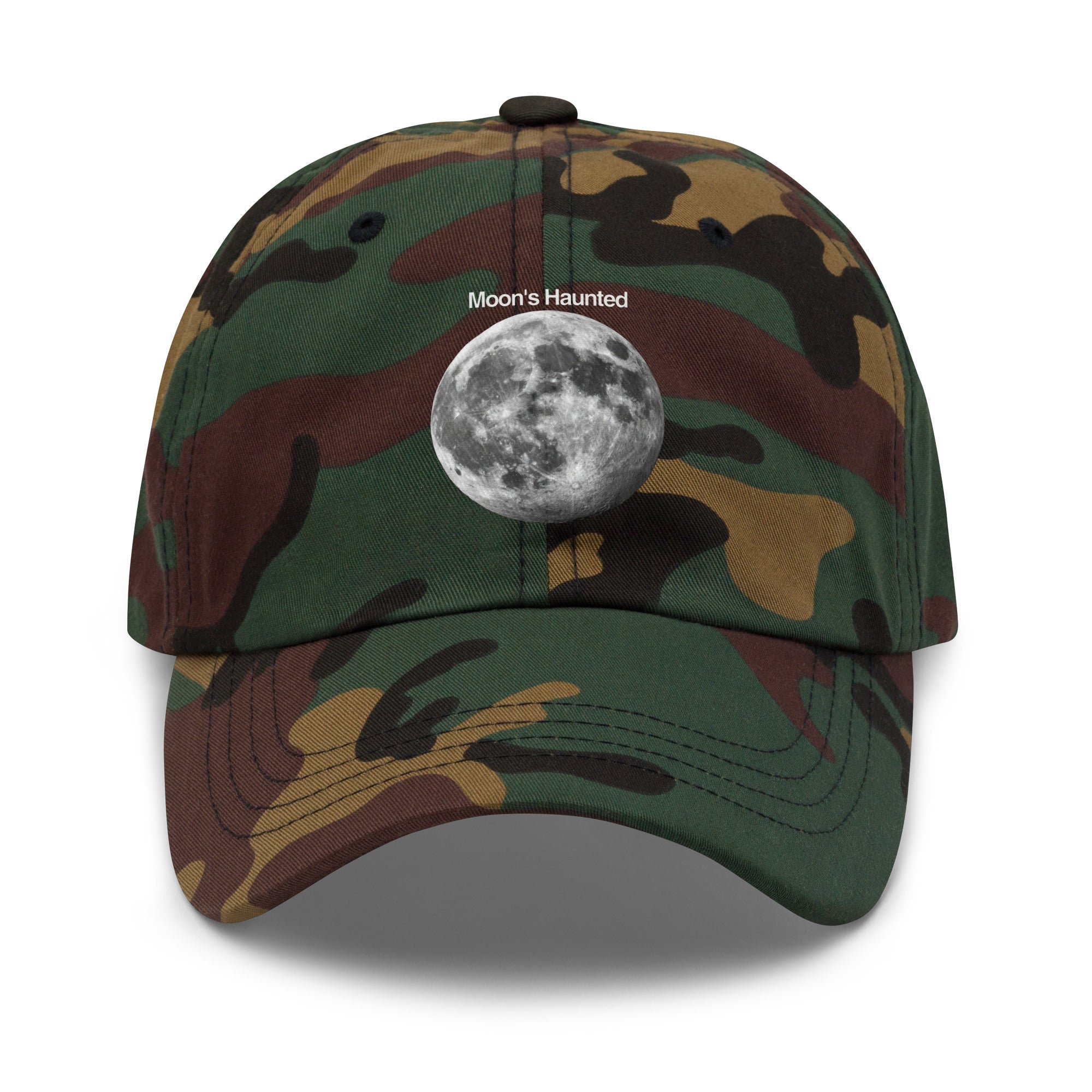 Moon's Haunted funny meme embroidered dad hat in green camo, front view