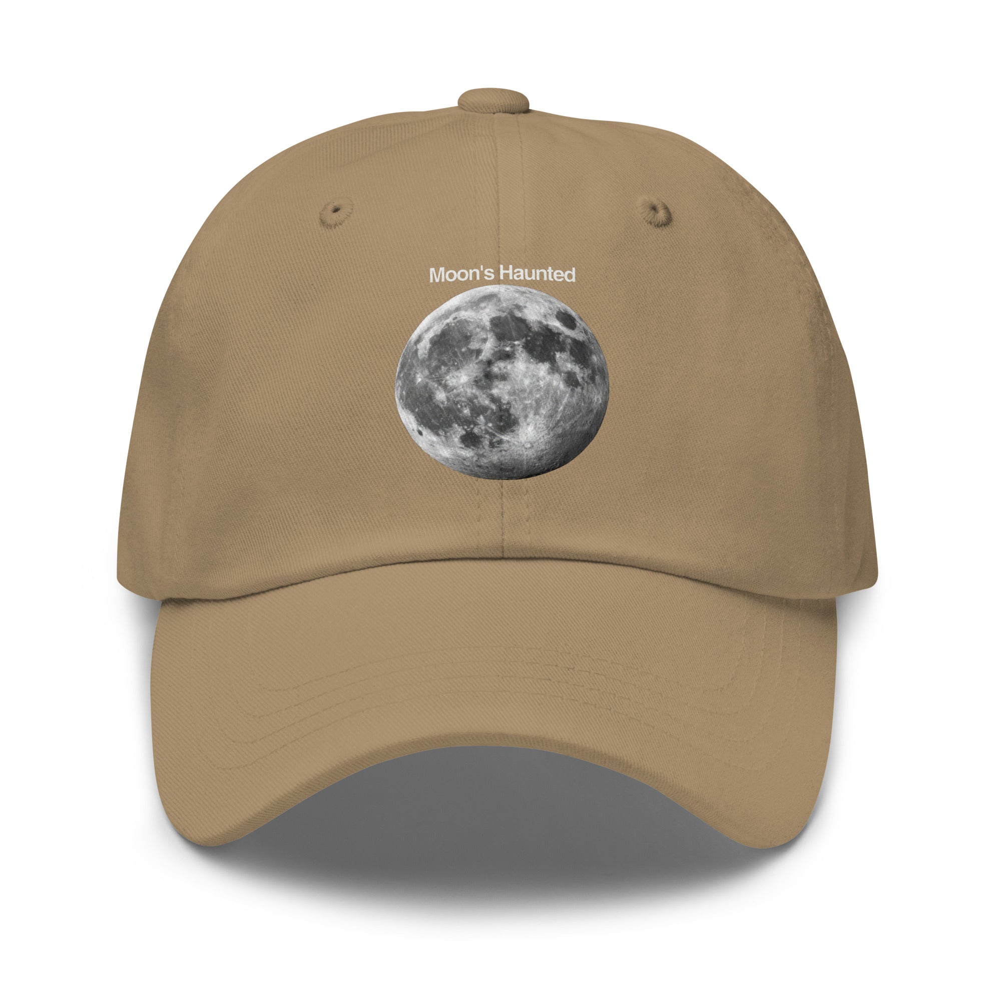 Moon's Haunted funny meme embroidered dad hat in khaki, front view