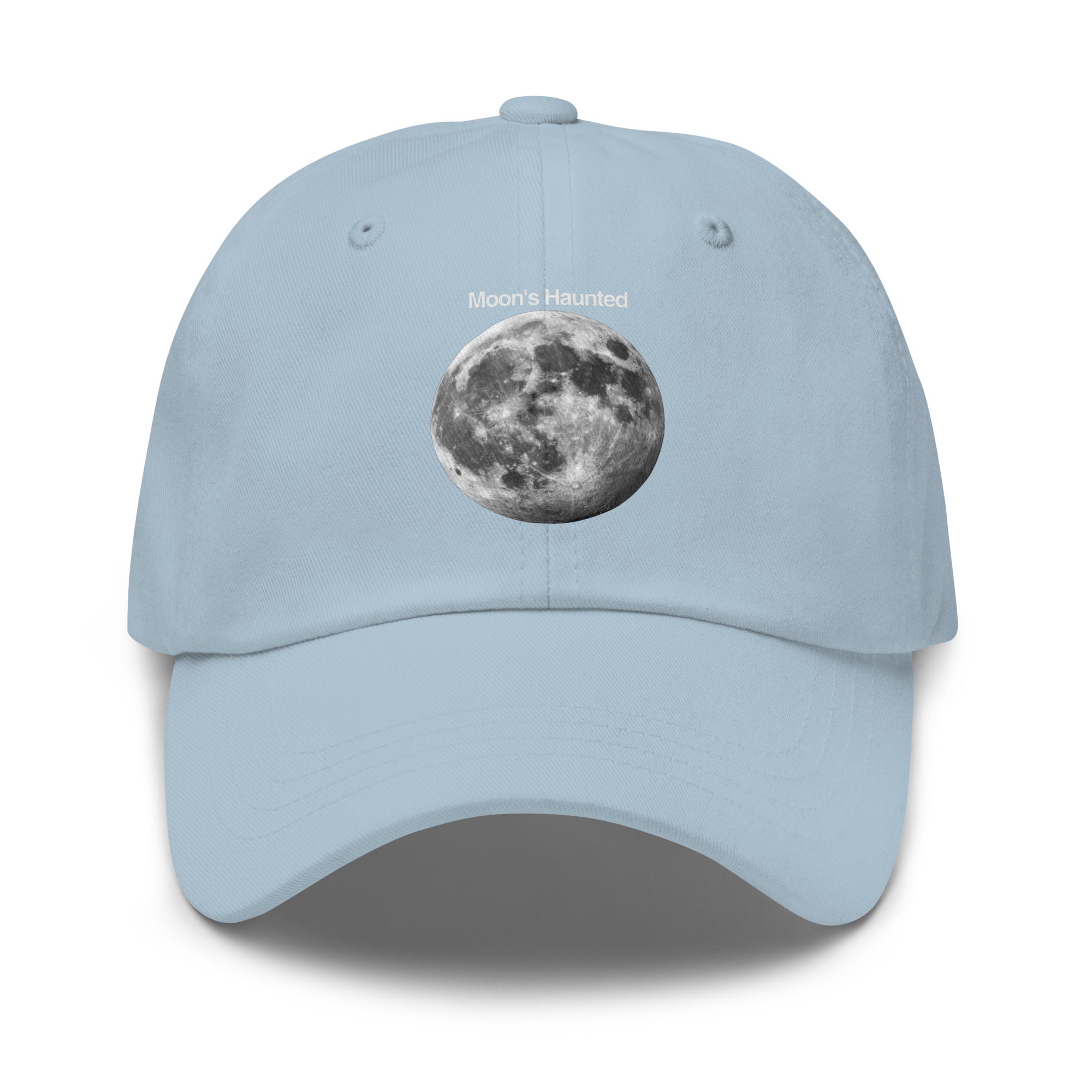 Moon's Haunted funny meme embroidered dad hat in light blue, front view