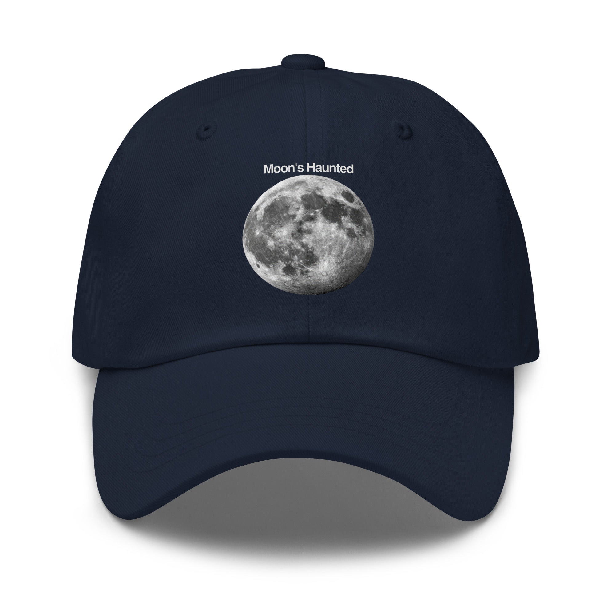 Moon's Haunted funny meme embroidered dad hat in navy, front view