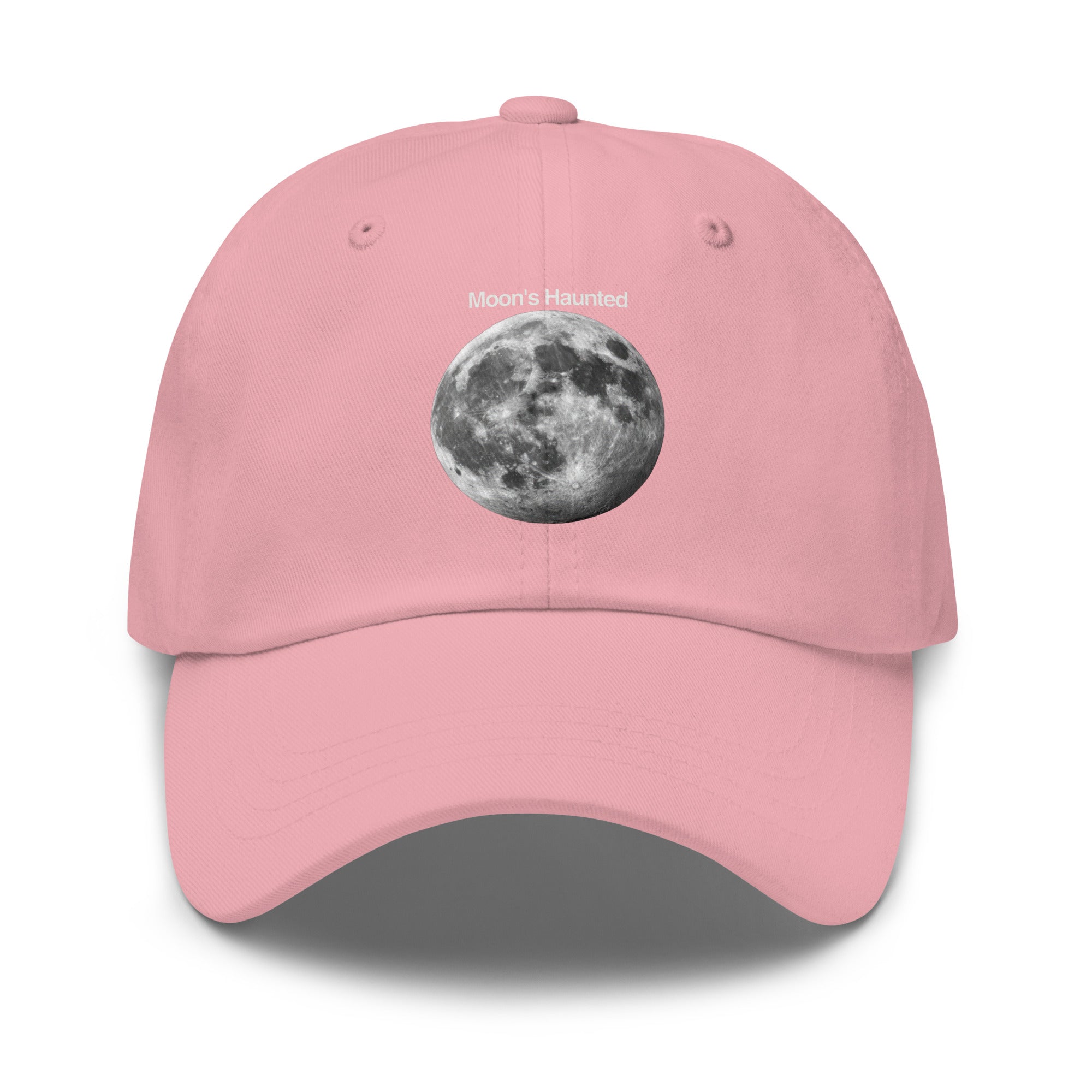 Moon's Haunted funny meme embroidered dad hat in pink, front view