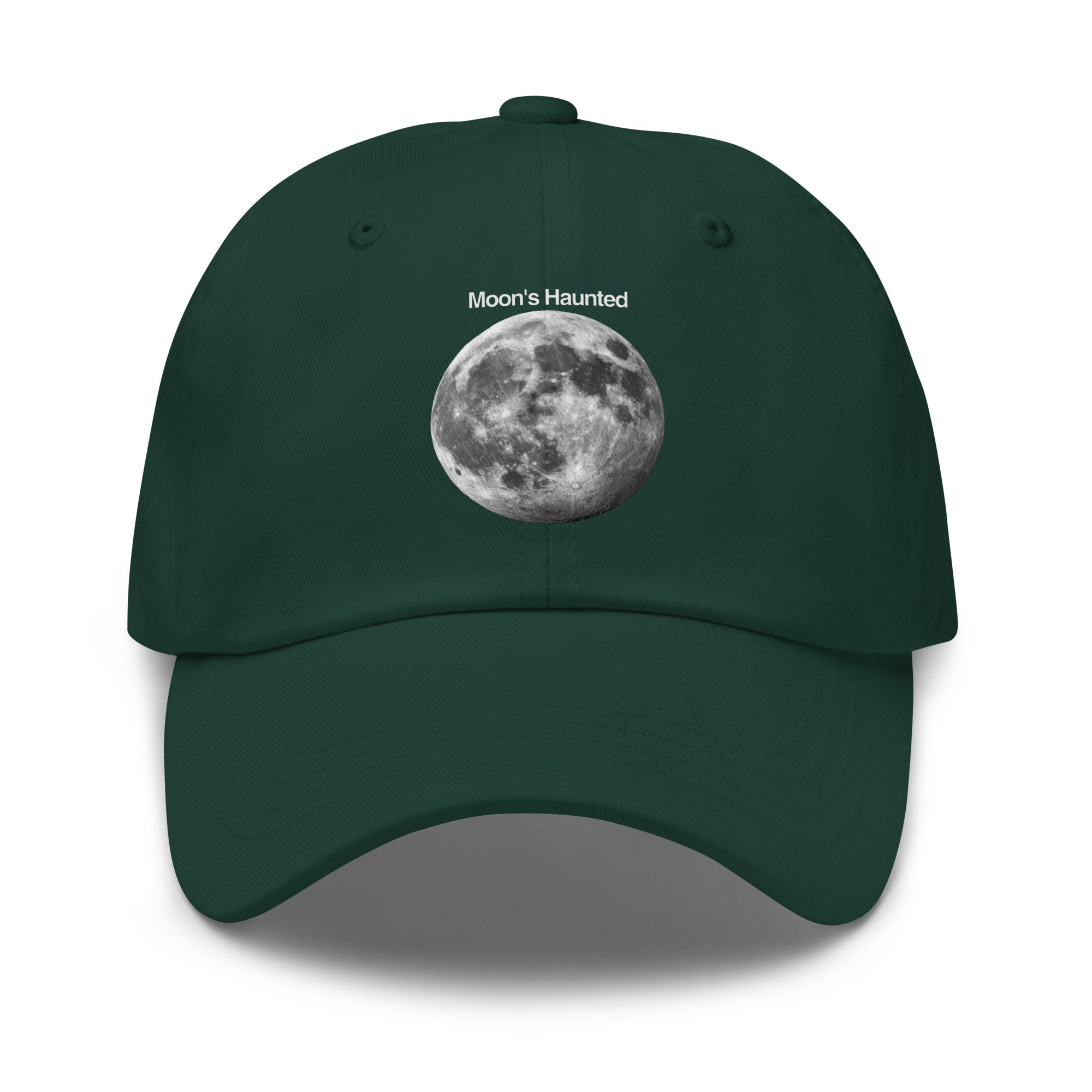 Moon's Haunted funny meme embroidered dad hat in spruce, front view
