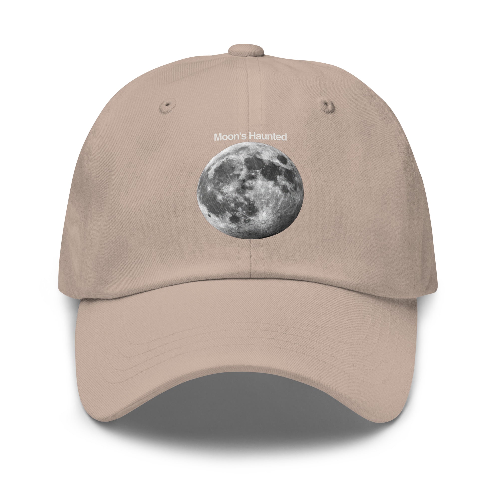 Moon's Haunted funny meme embroidered dad hat in stone, front view