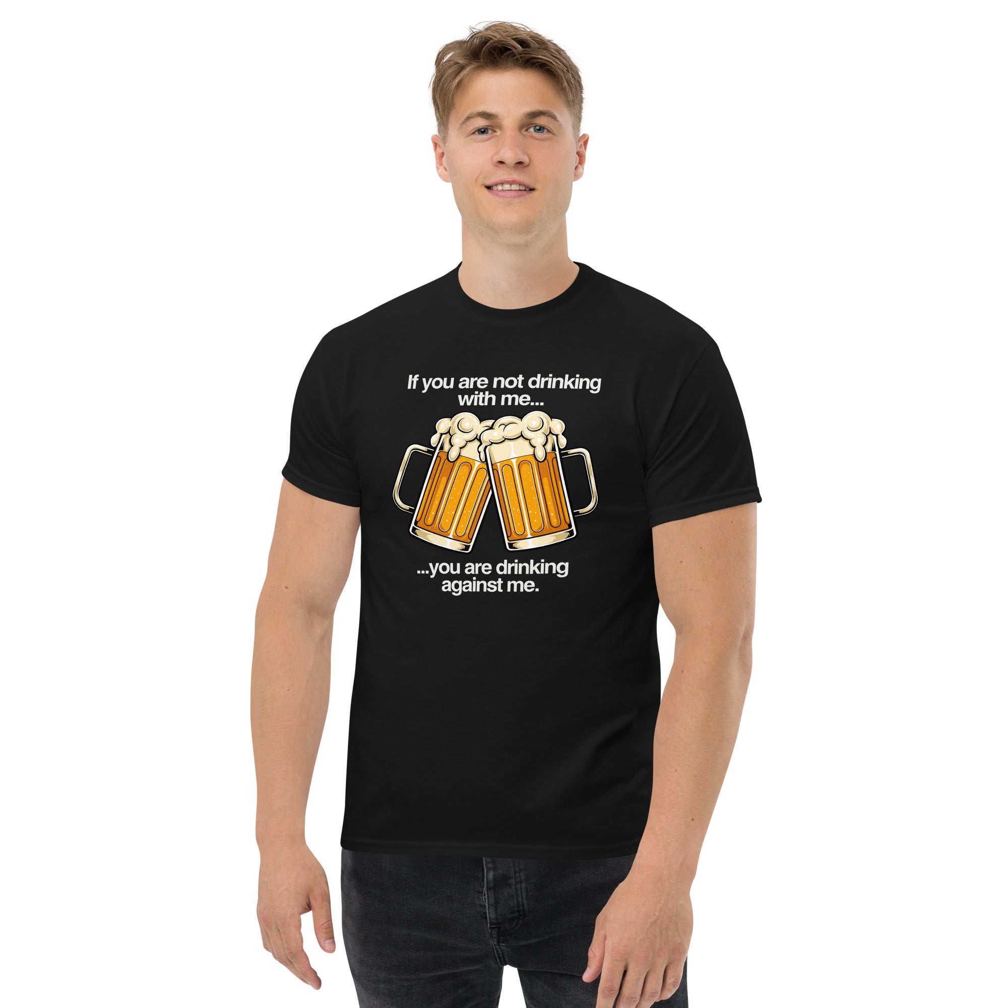 Drinking Enemies funny beer classic tee in black, front view