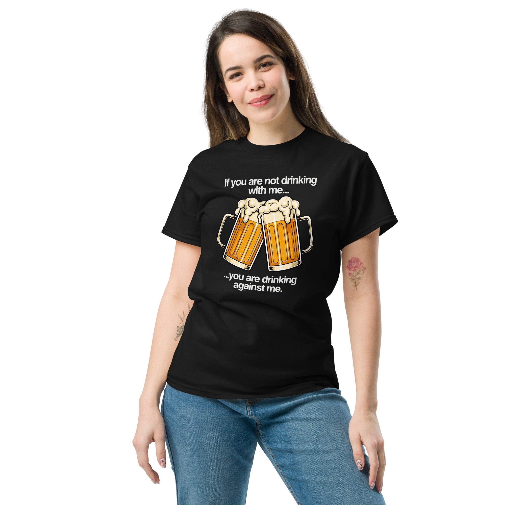 Drinking Enemies funny beer classic tee in black, front view