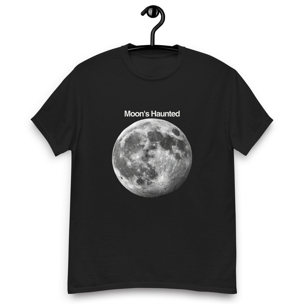 Moon's Haunted funny meme classic tee in black, front view