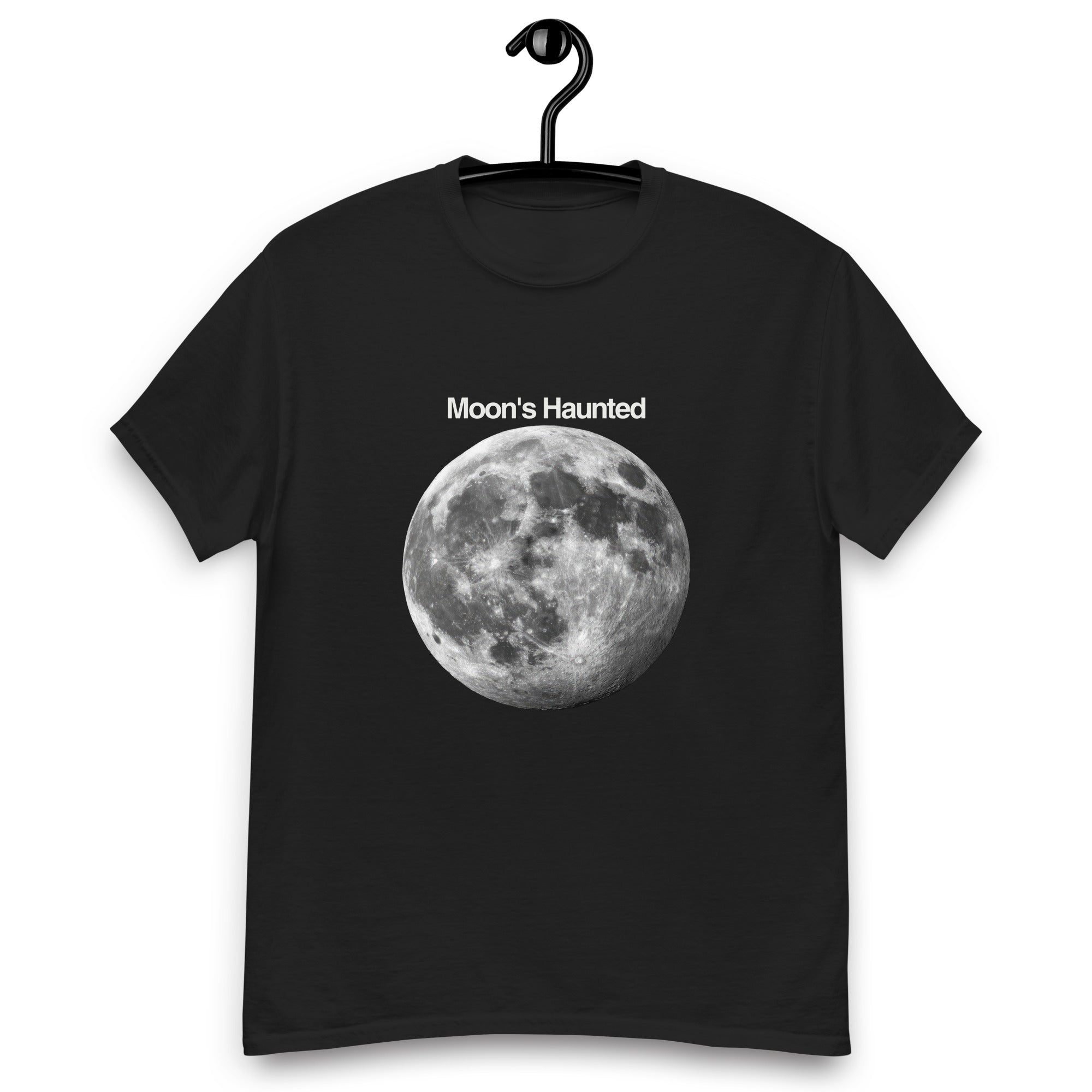 Moon's Haunted funny meme classic tee in black, front view