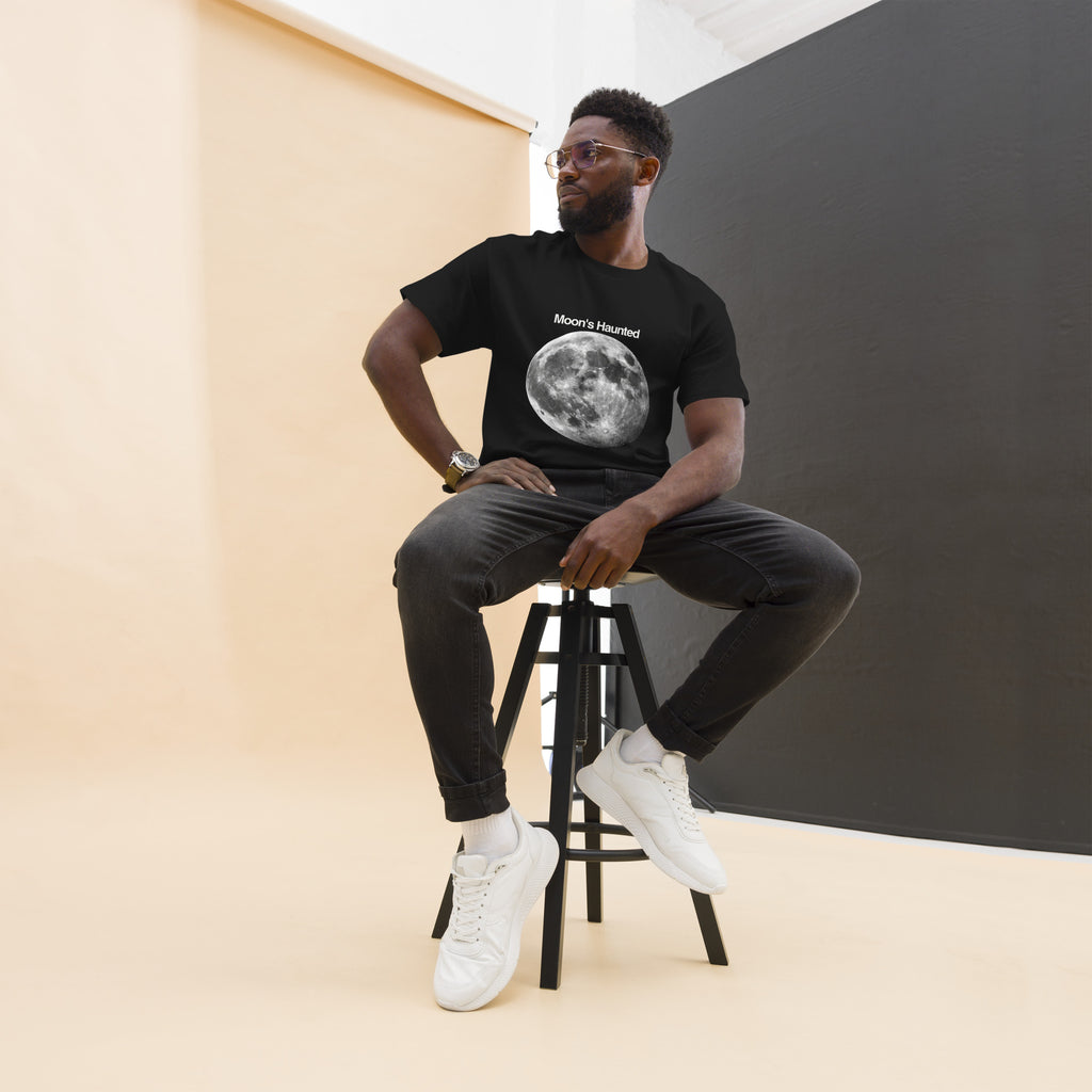 Moon's Haunted funny meme classic tee in black, front view