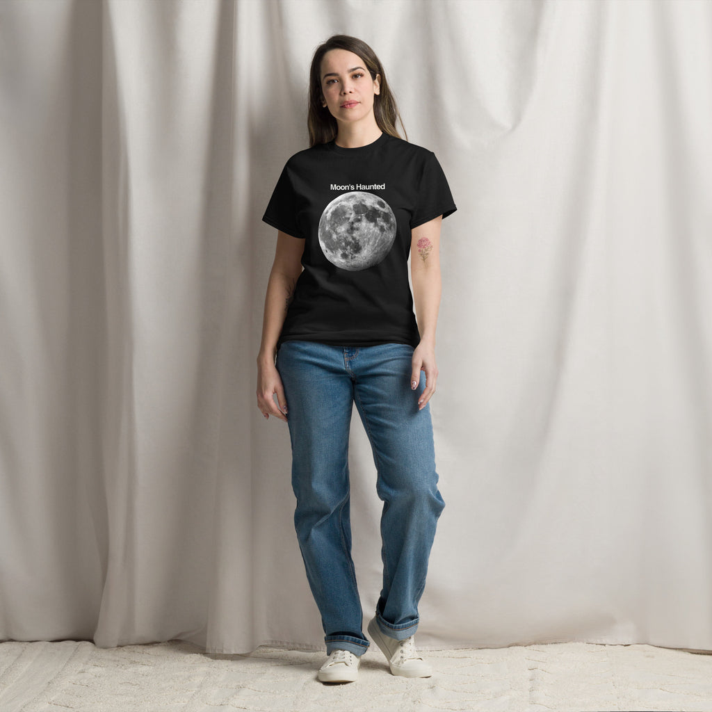 Moon's Haunted funny meme classic tee in black, front view