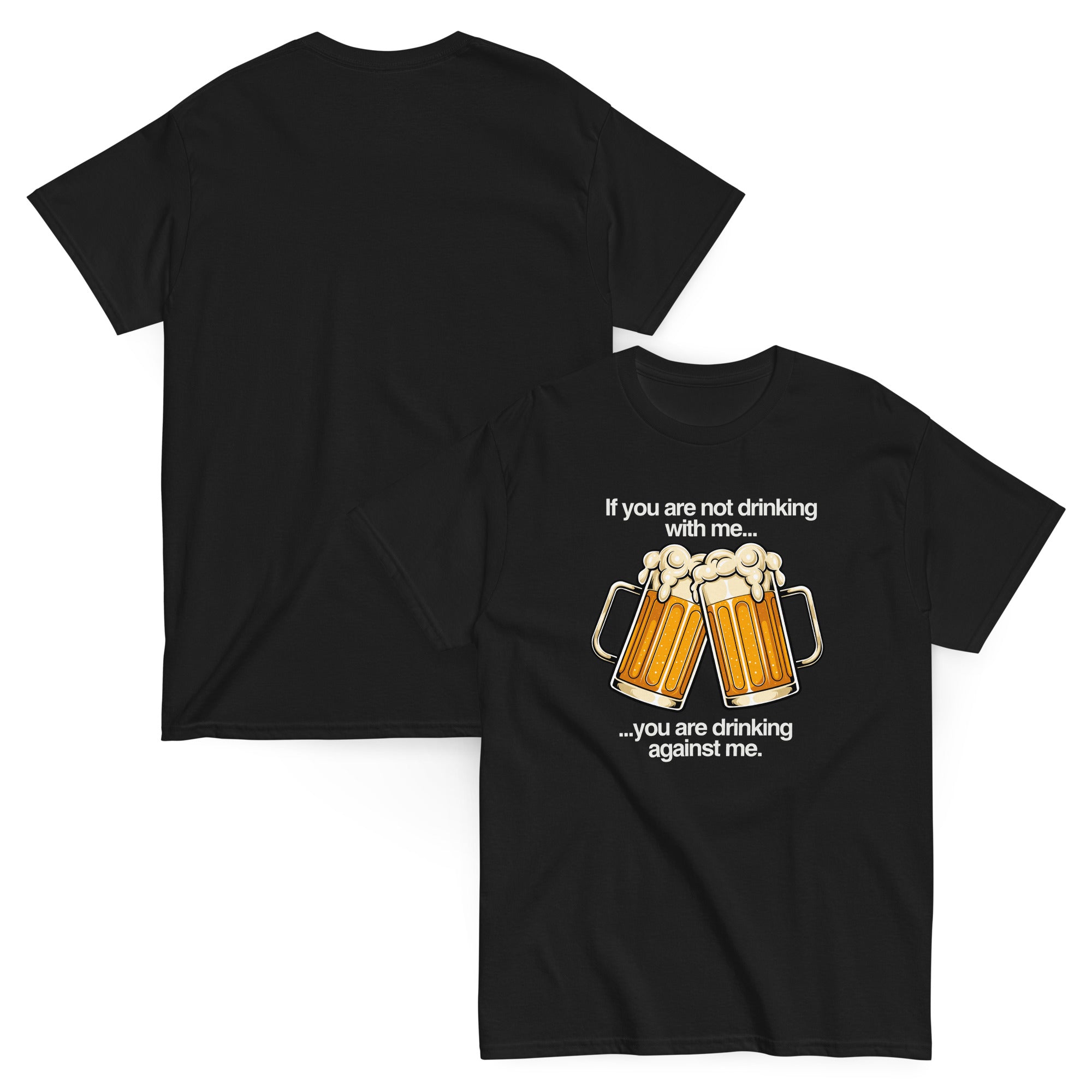 Drinking Enemies funny beer classic tee in black, front and back view