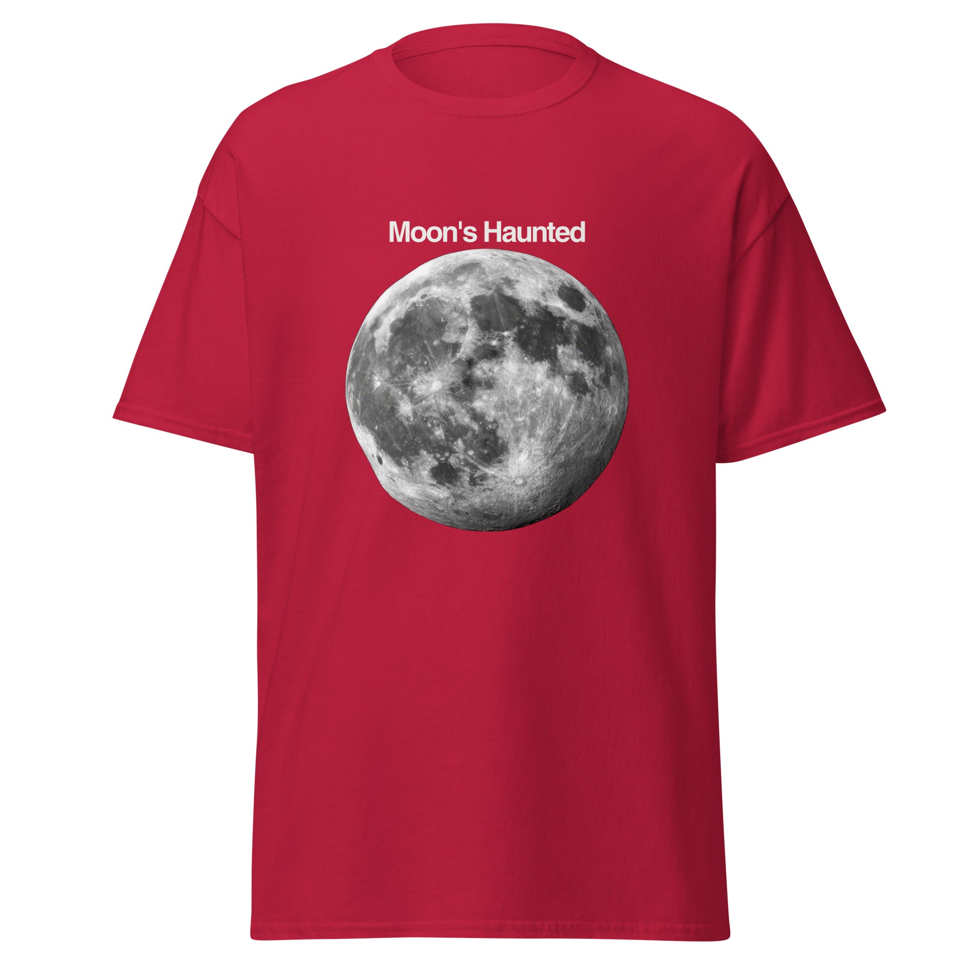 Moon's Haunted funny meme classic tee in cardinal, front view