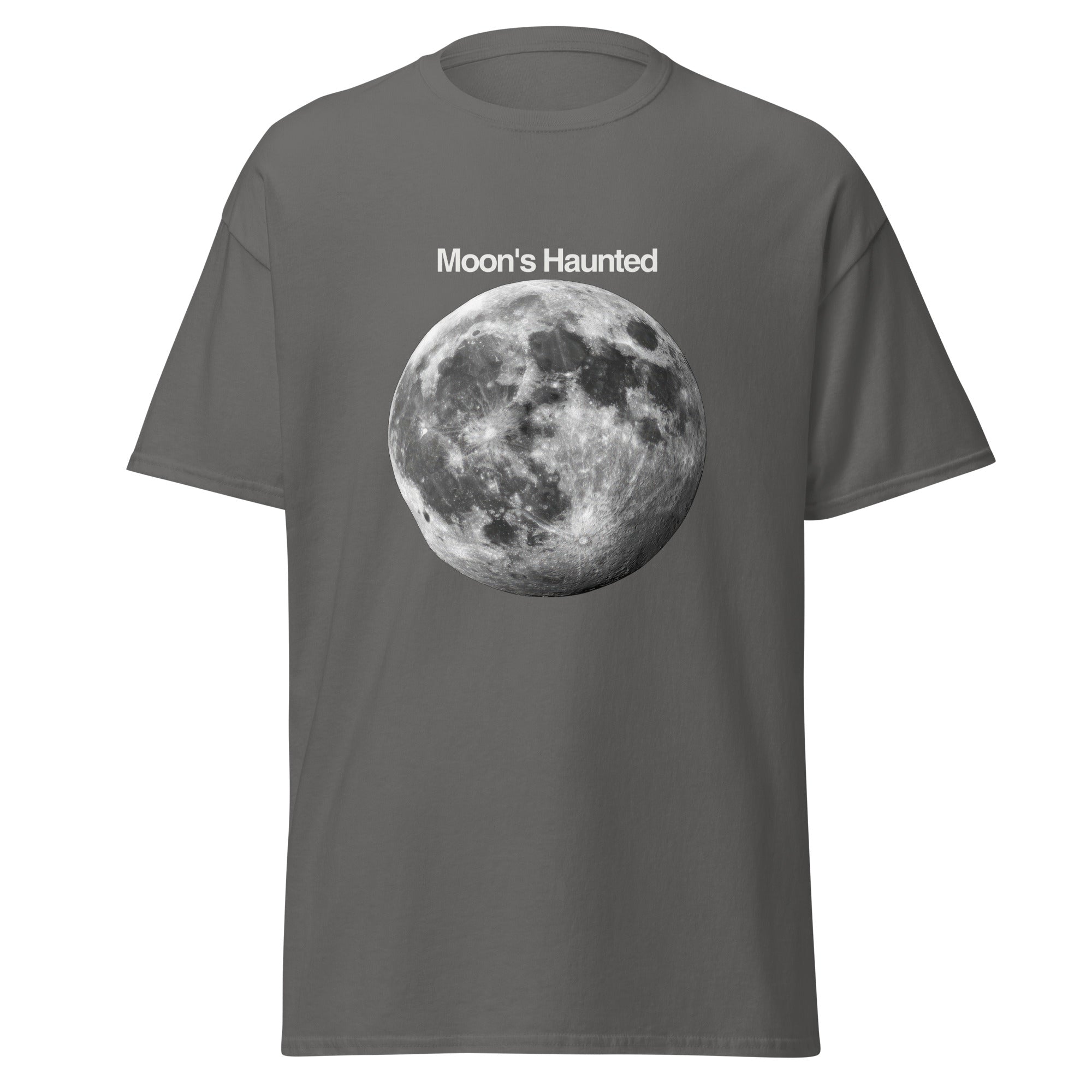 Moon's Haunted funny meme classic tee in charcoal, front view