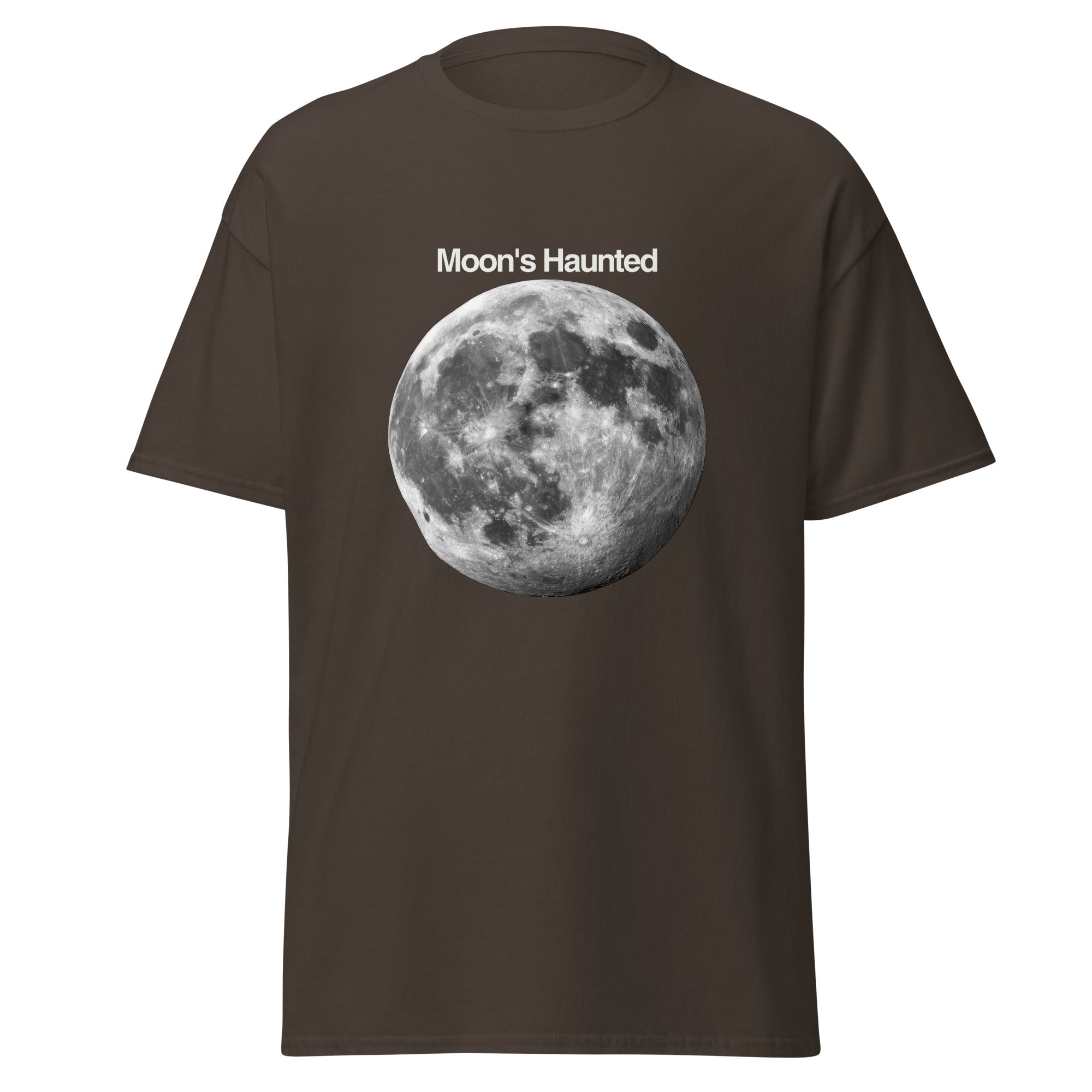 Moon's Haunted funny meme classic tee in dark chocolate, front view