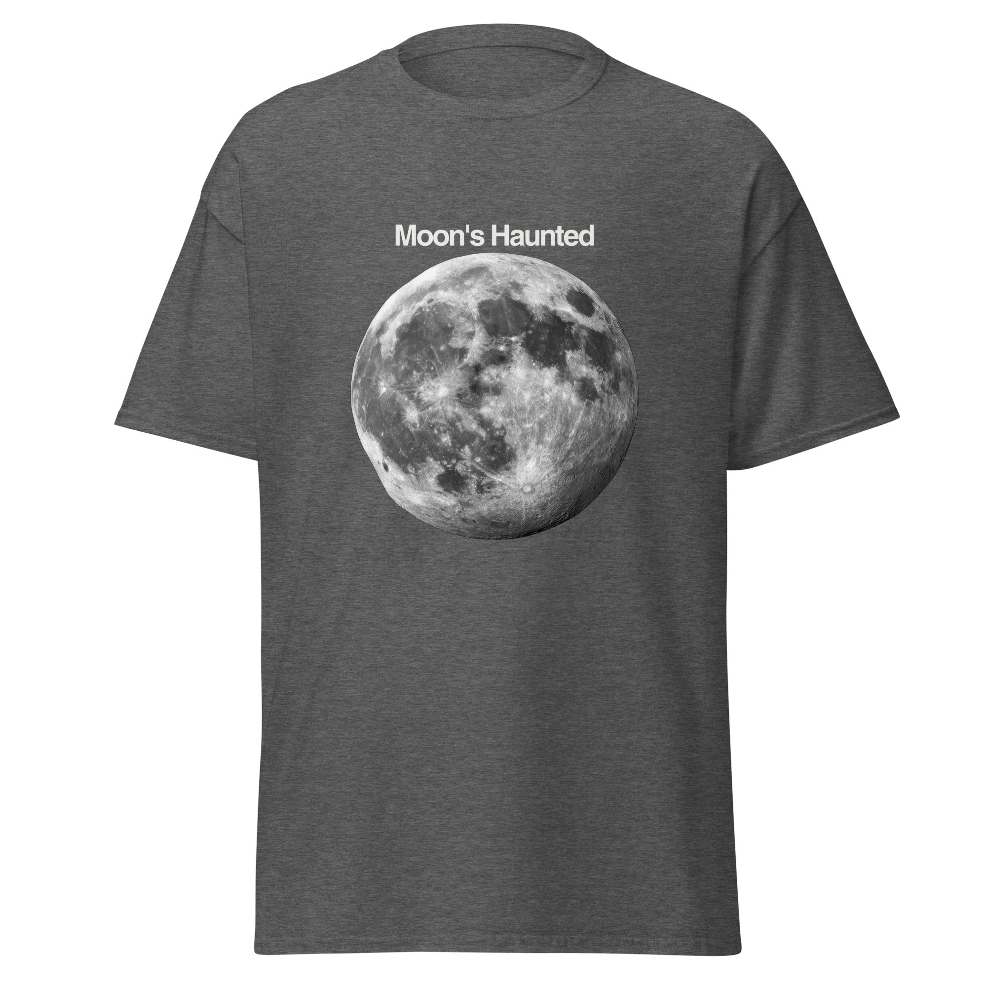Moon's Haunted funny meme classic tee in dark heather, front view