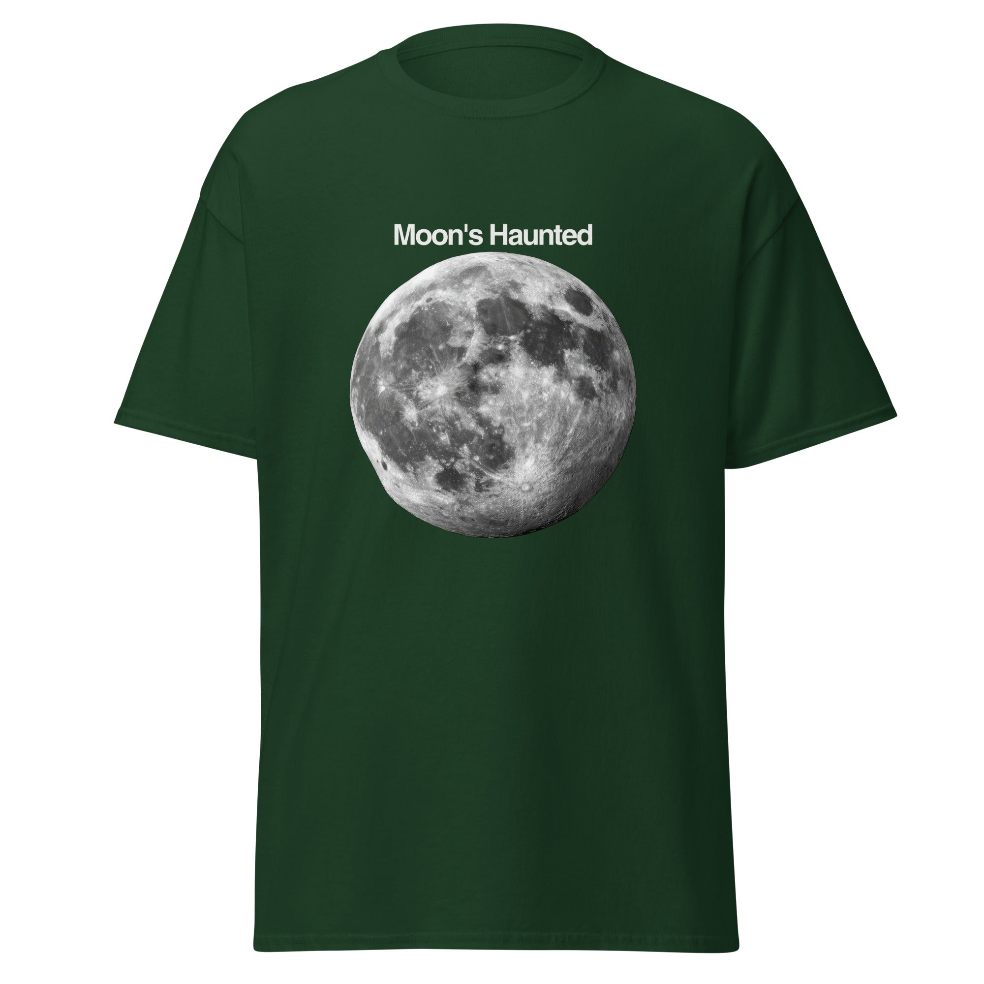 Moon's Haunted funny meme classic tee in forest green, front view