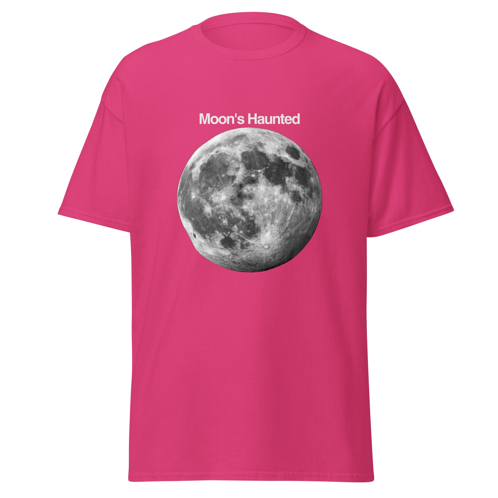 Moon's Haunted funny meme classic tee in heliconia, front view