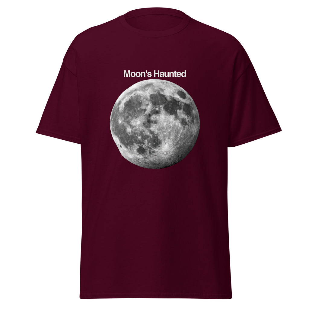 Moon's Haunted funny meme classic tee in maroon, front view