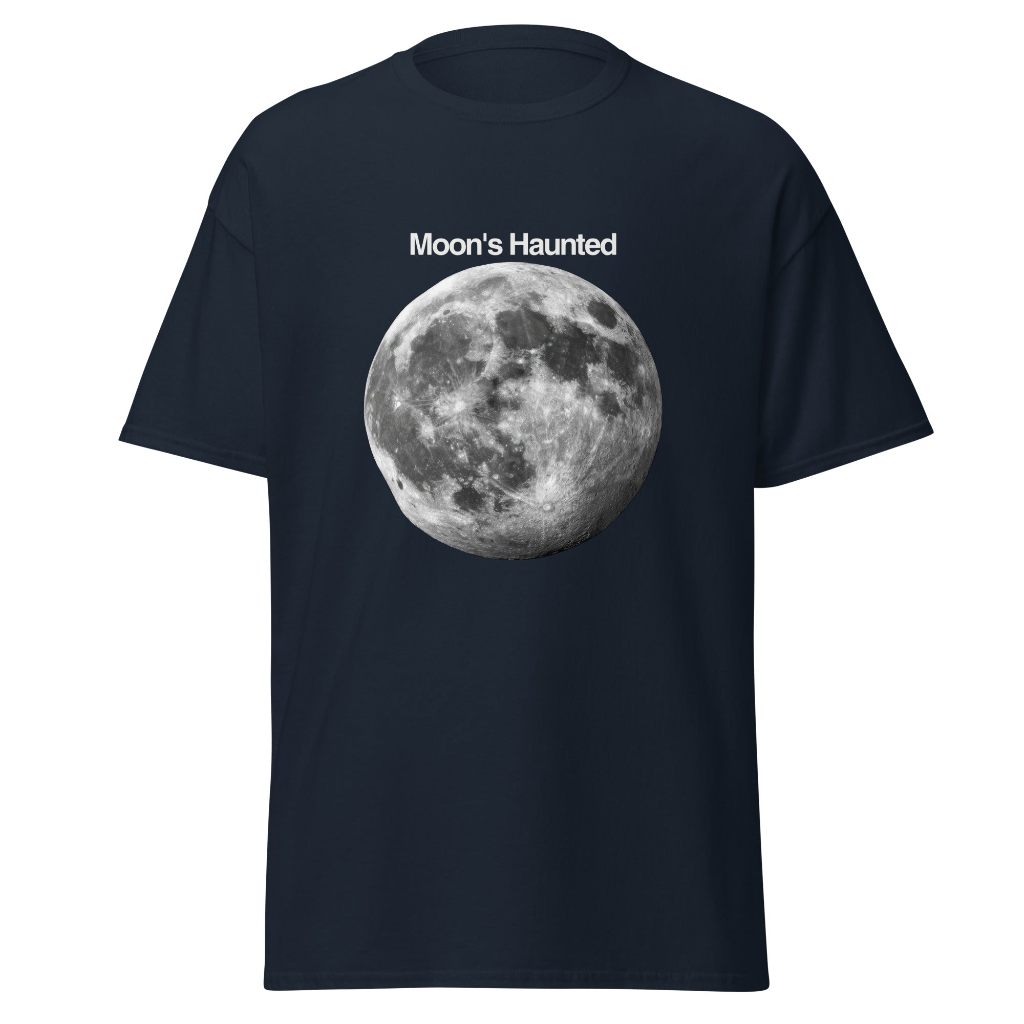 Moon's Haunted funny meme classic tee in navy, front view