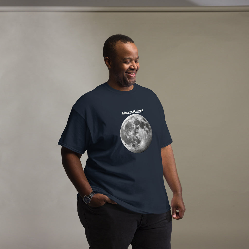 Moon's Haunted funny meme classic tee in navy, front view