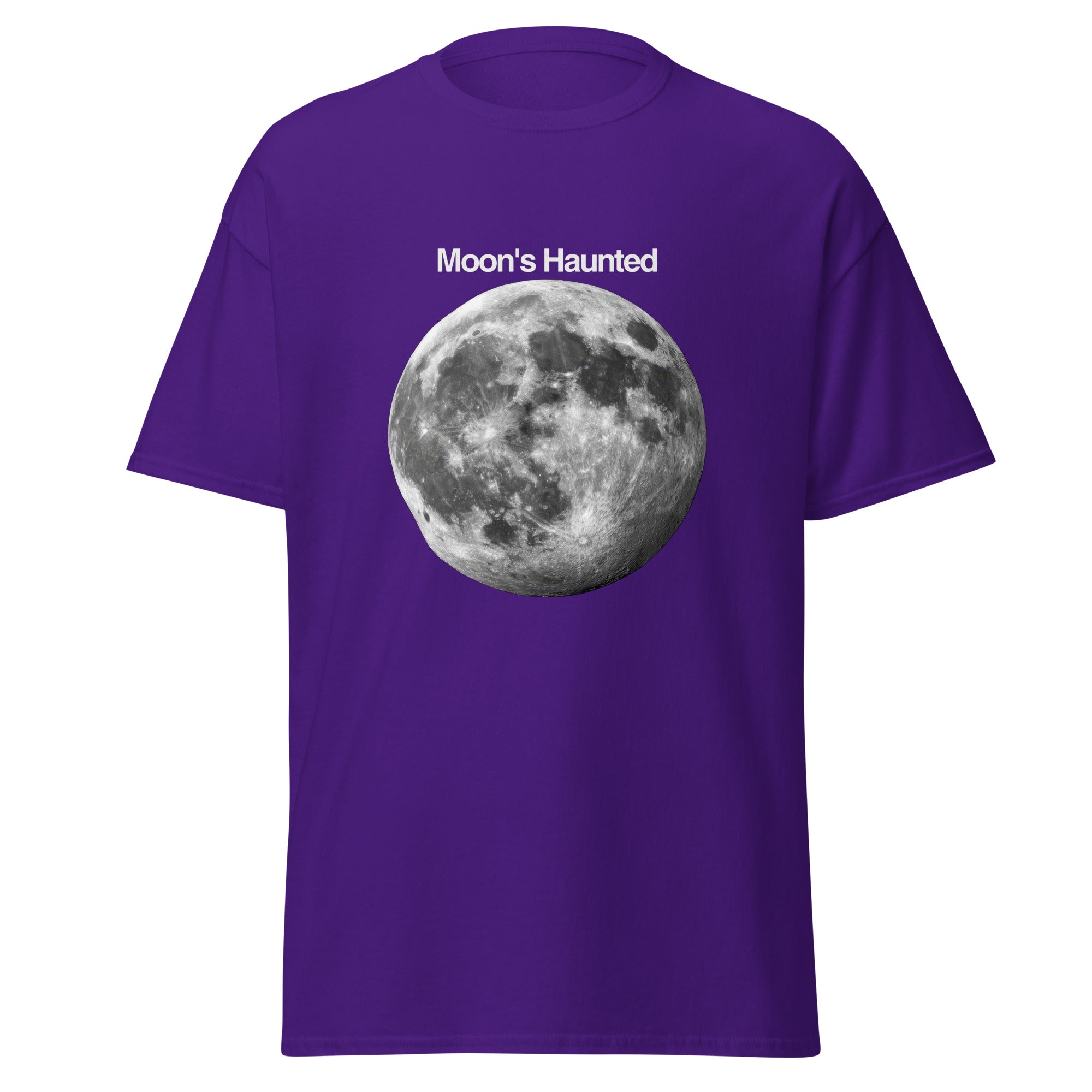 Moon's Haunted funny meme classic tee in purple, front view