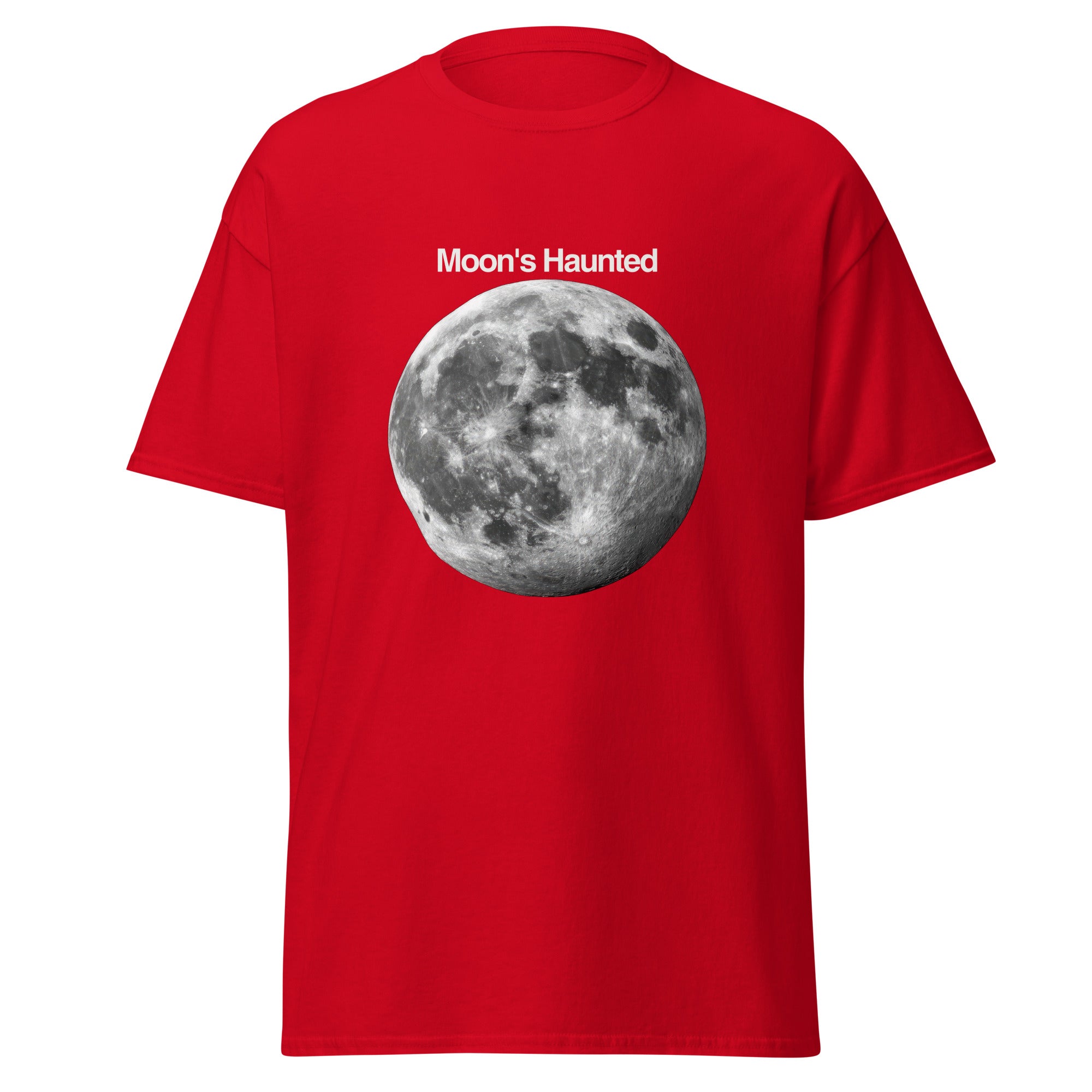 Moon's Haunted funny meme classic tee in red, front view