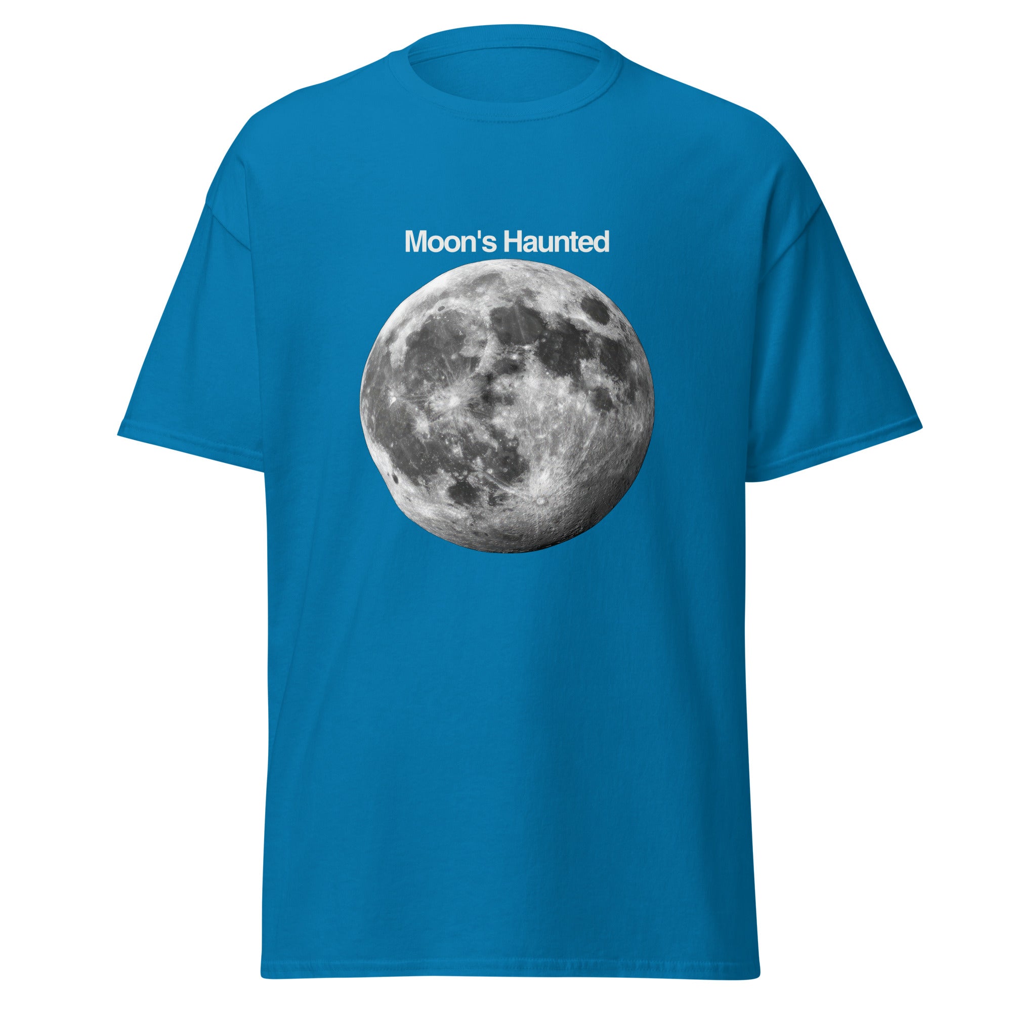 Moon's Haunted funny meme classic tee in sapphire, front view