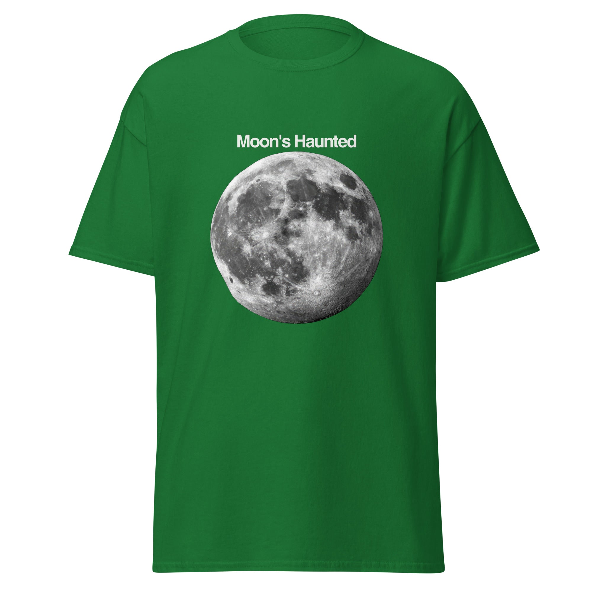 Moon's Haunted funny meme classic tee in turf green, front view