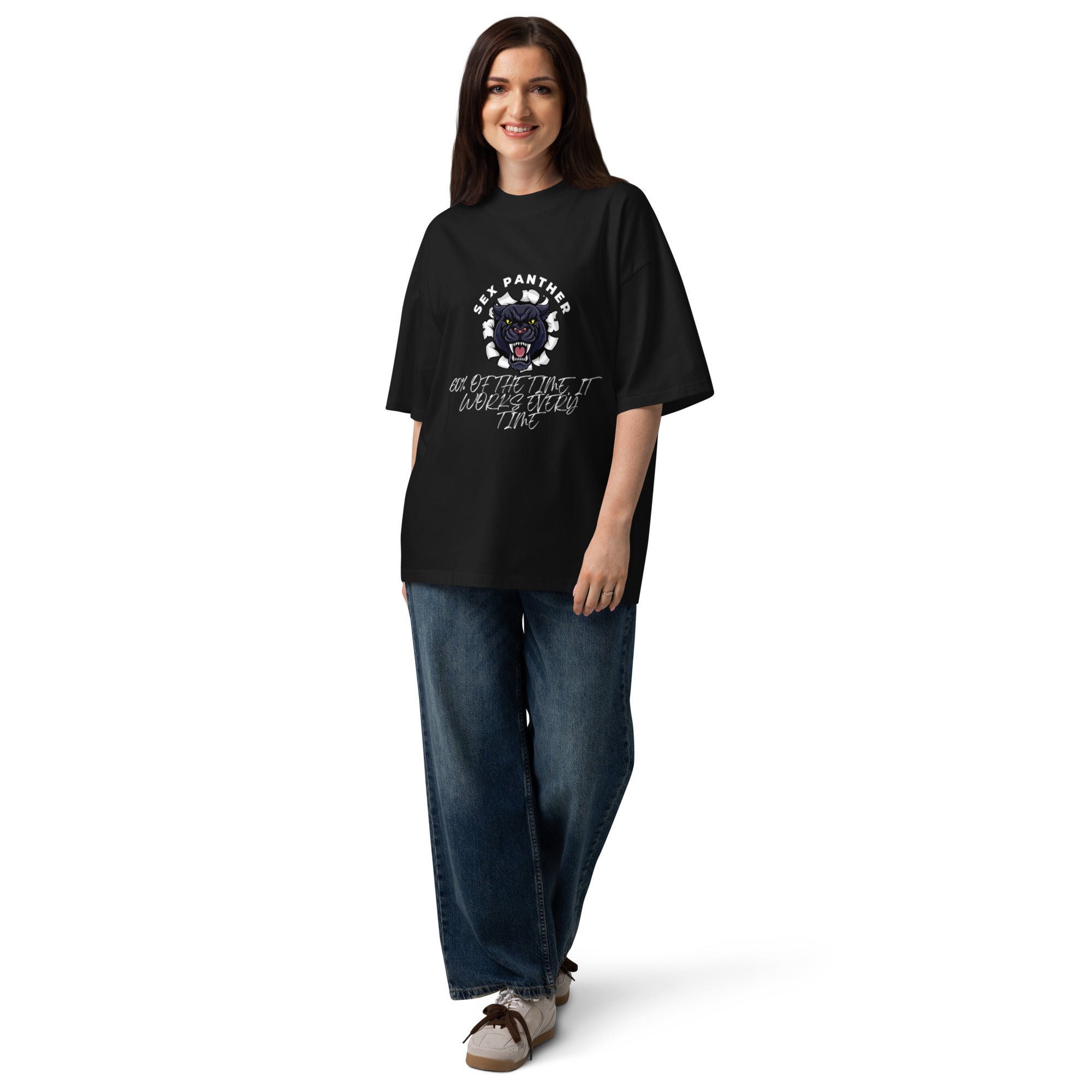 Black-Market Panther Anchorman oversized tee in black, front view