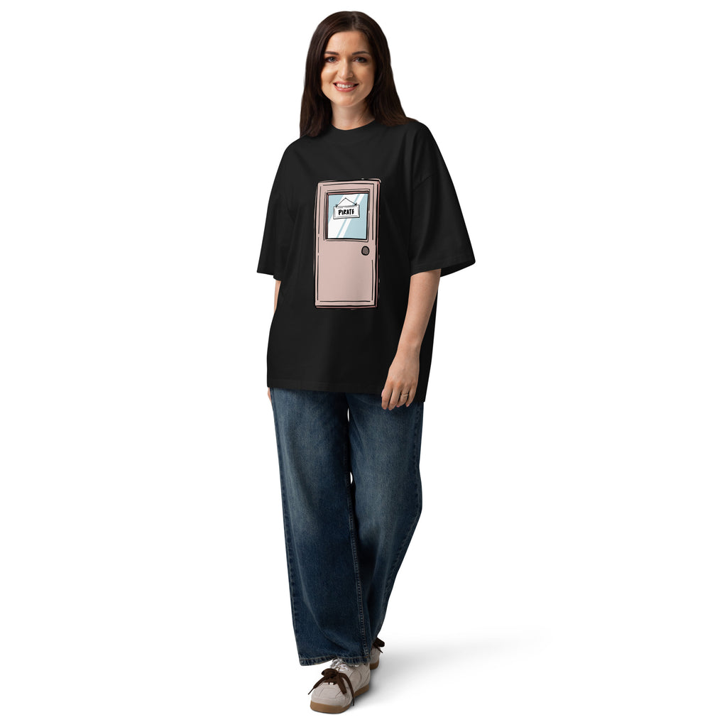 Pirate Door Always Sunny IASIP oversized tee in black, front view