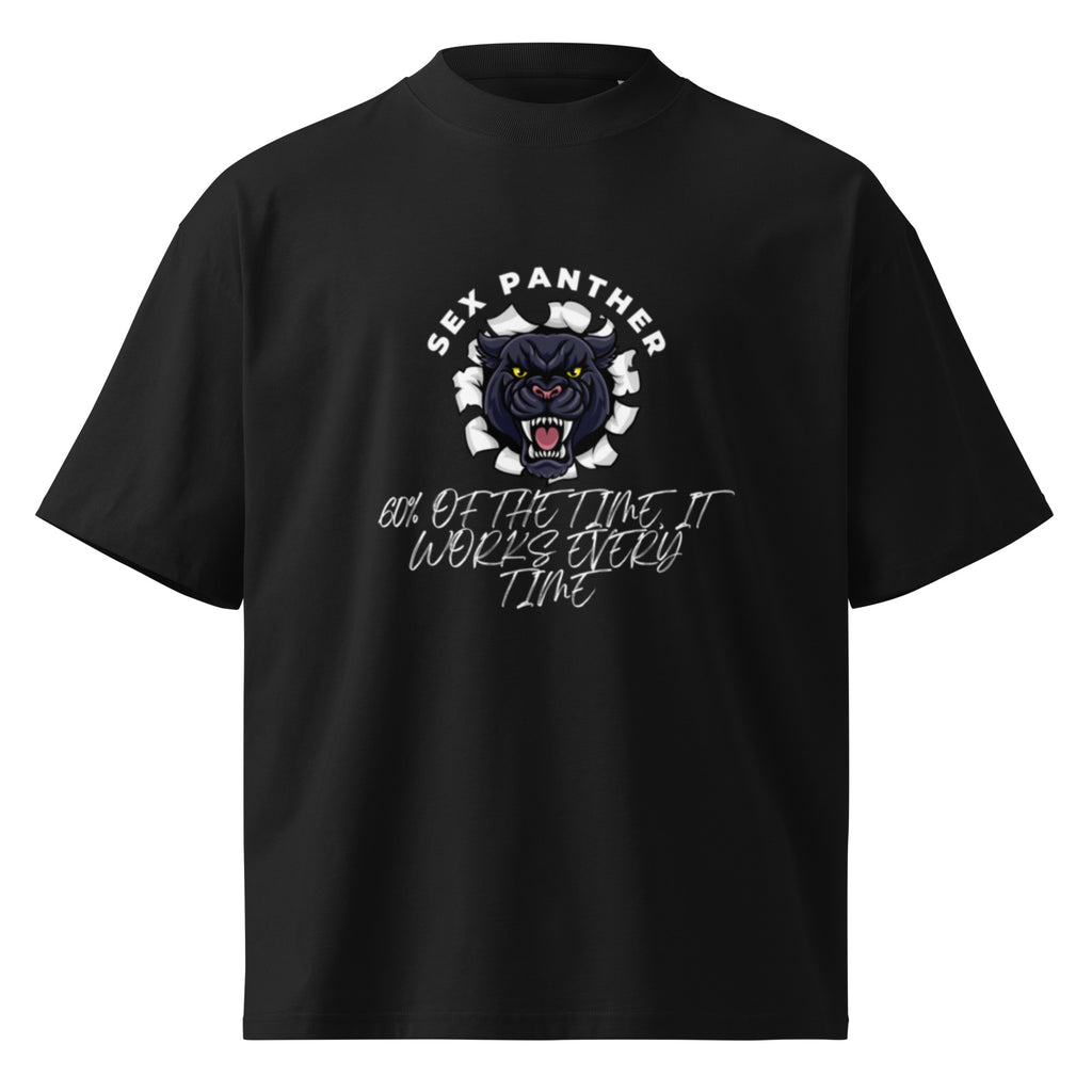 Black-Market Panther Anchorman oversized tee in black, front view