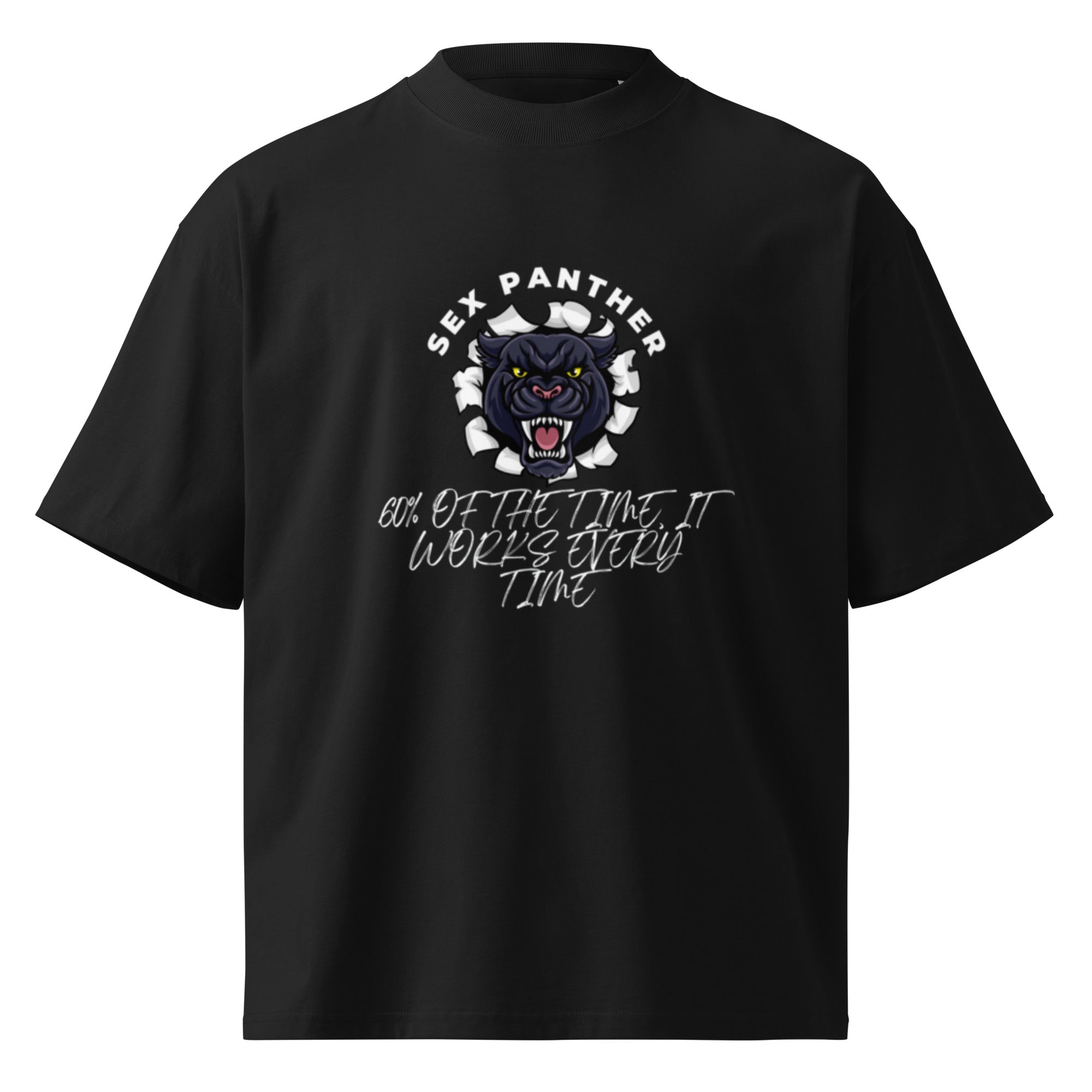 Black-Market Panther Anchorman oversized tee in black, front view
