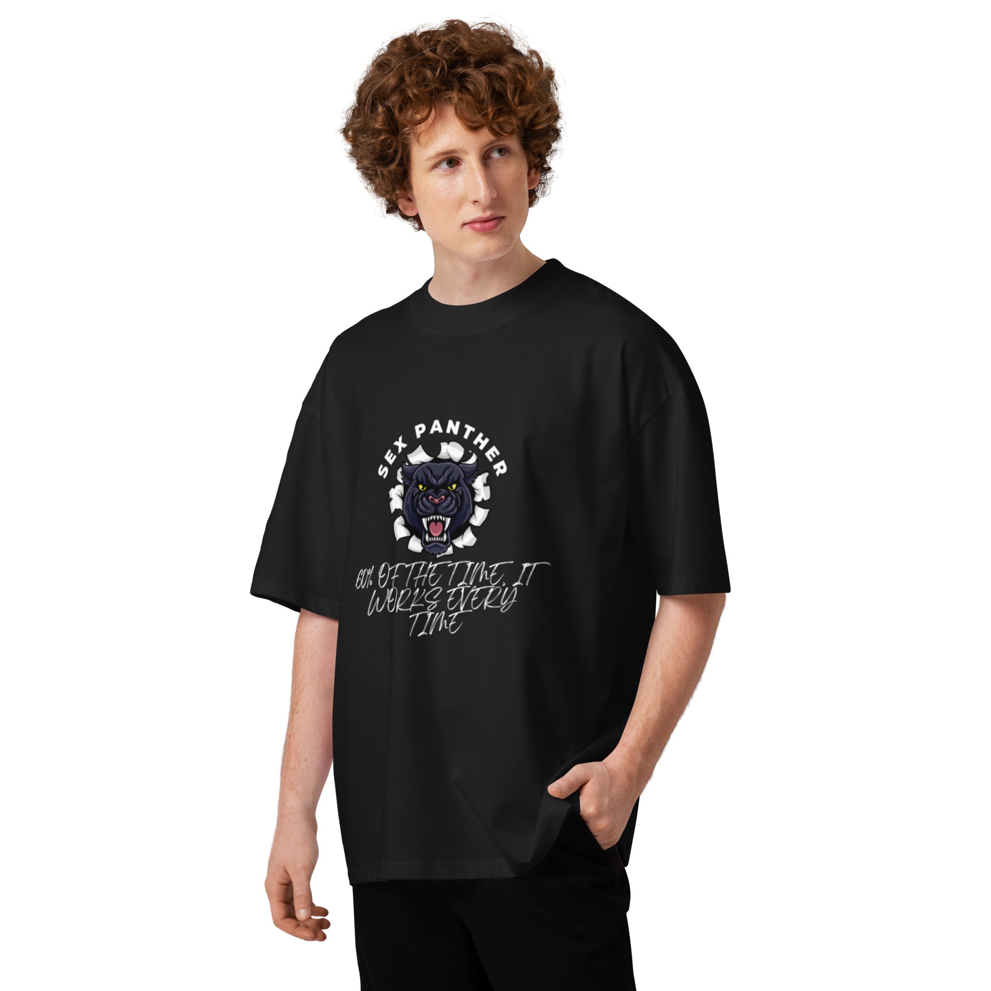 Black-Market Panther Anchorman oversized tee in black, front view