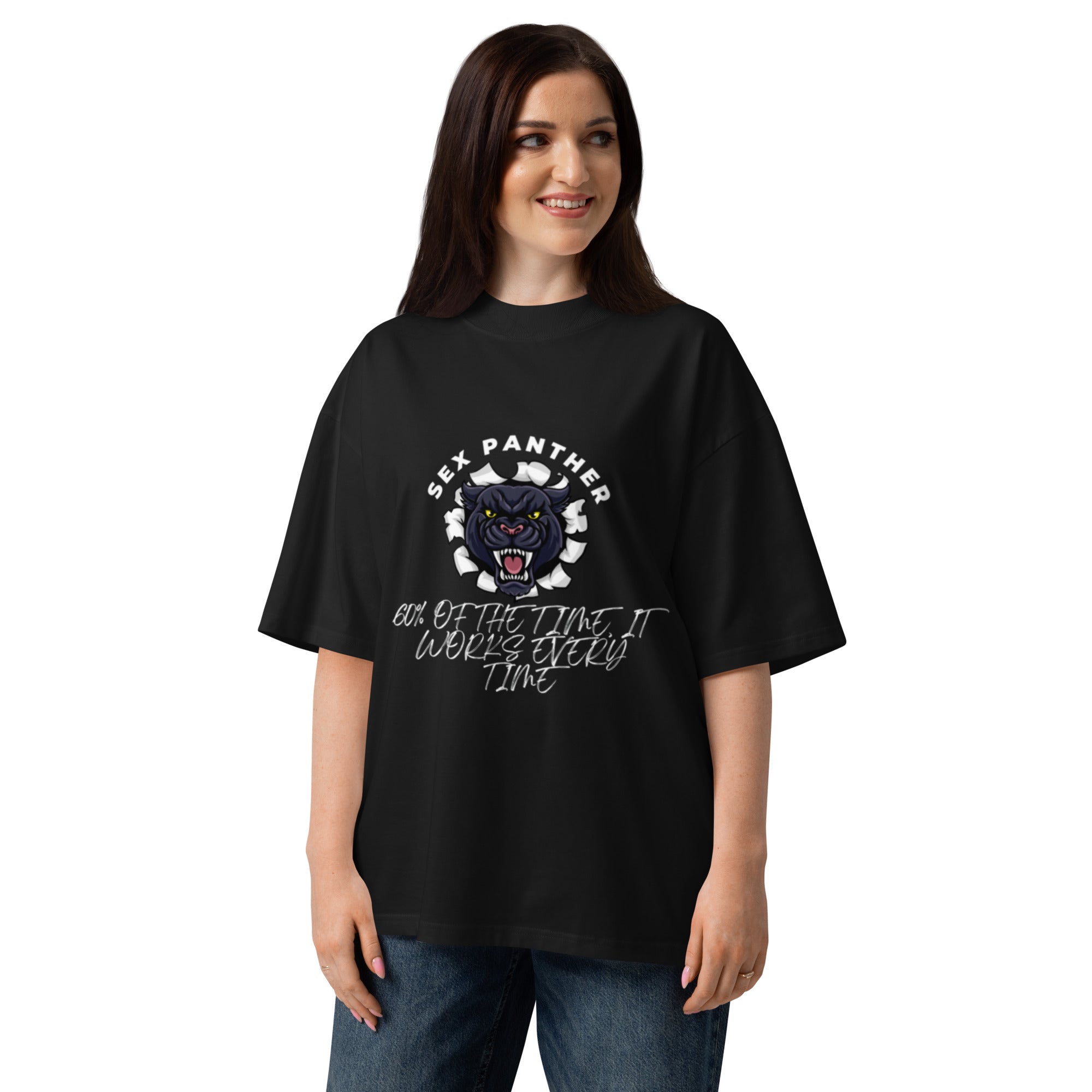 Black-Market Panther Anchorman oversized tee in black, front view