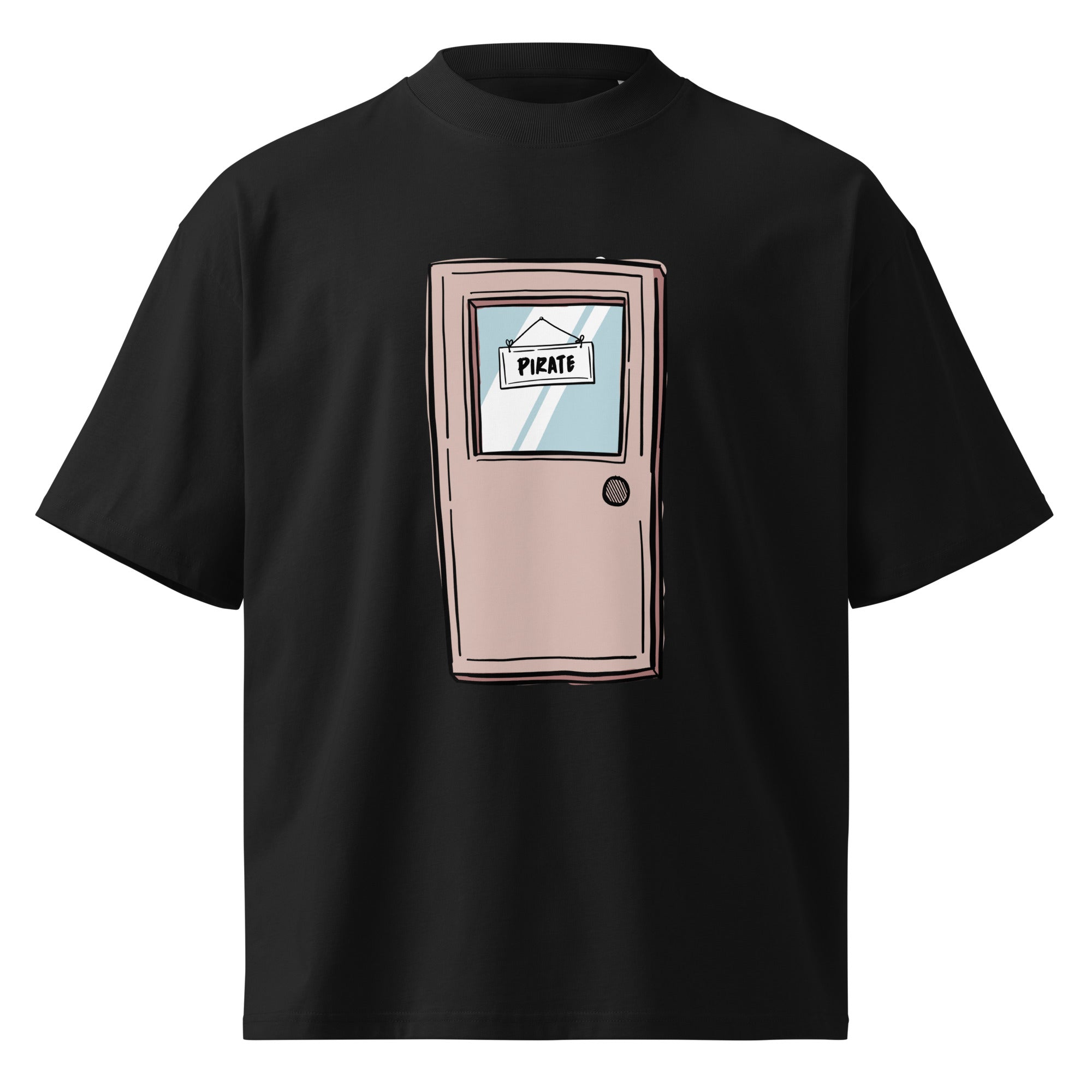 Pirate Door Always Sunny IASIP oversized tee in black, front view