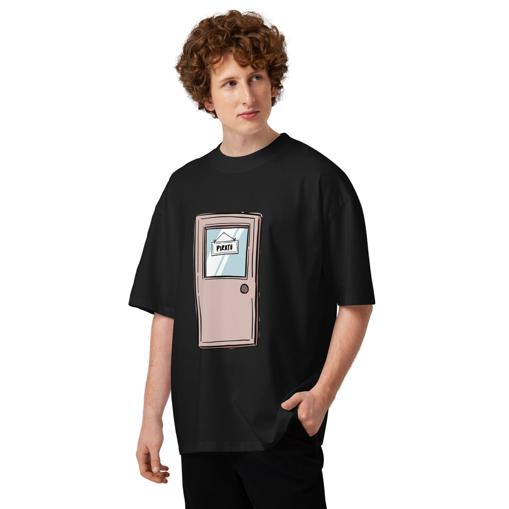 Pirate Door Always Sunny IASIP oversized tee in black, front view