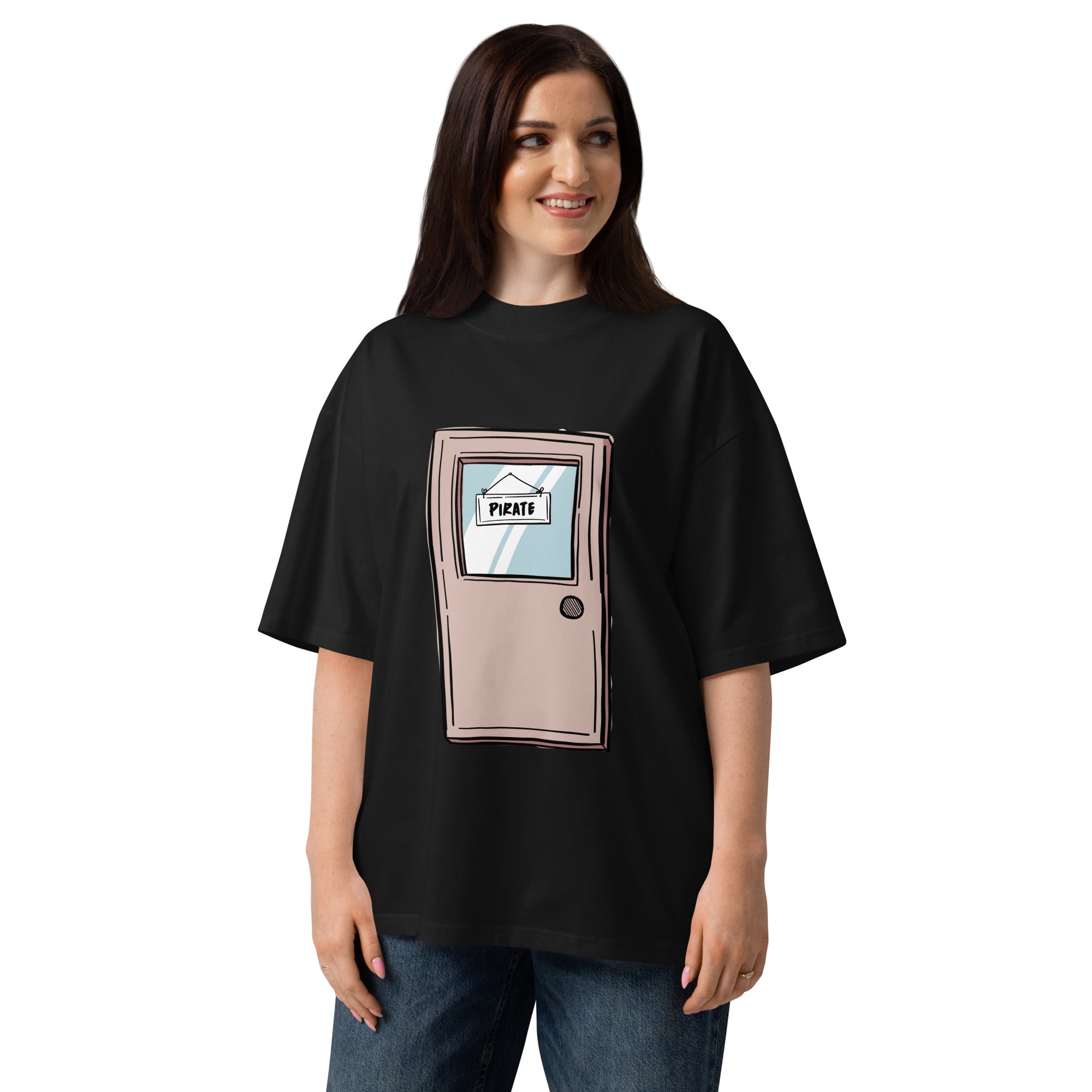 Pirate Door Always Sunny IASIP oversized tee in black, front view
