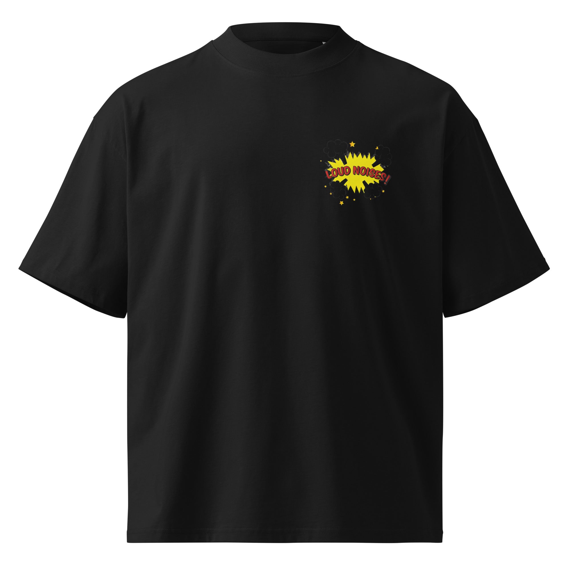 Loud Noises Anchorman Brick Tamland minimalist oversized tee in black, front view