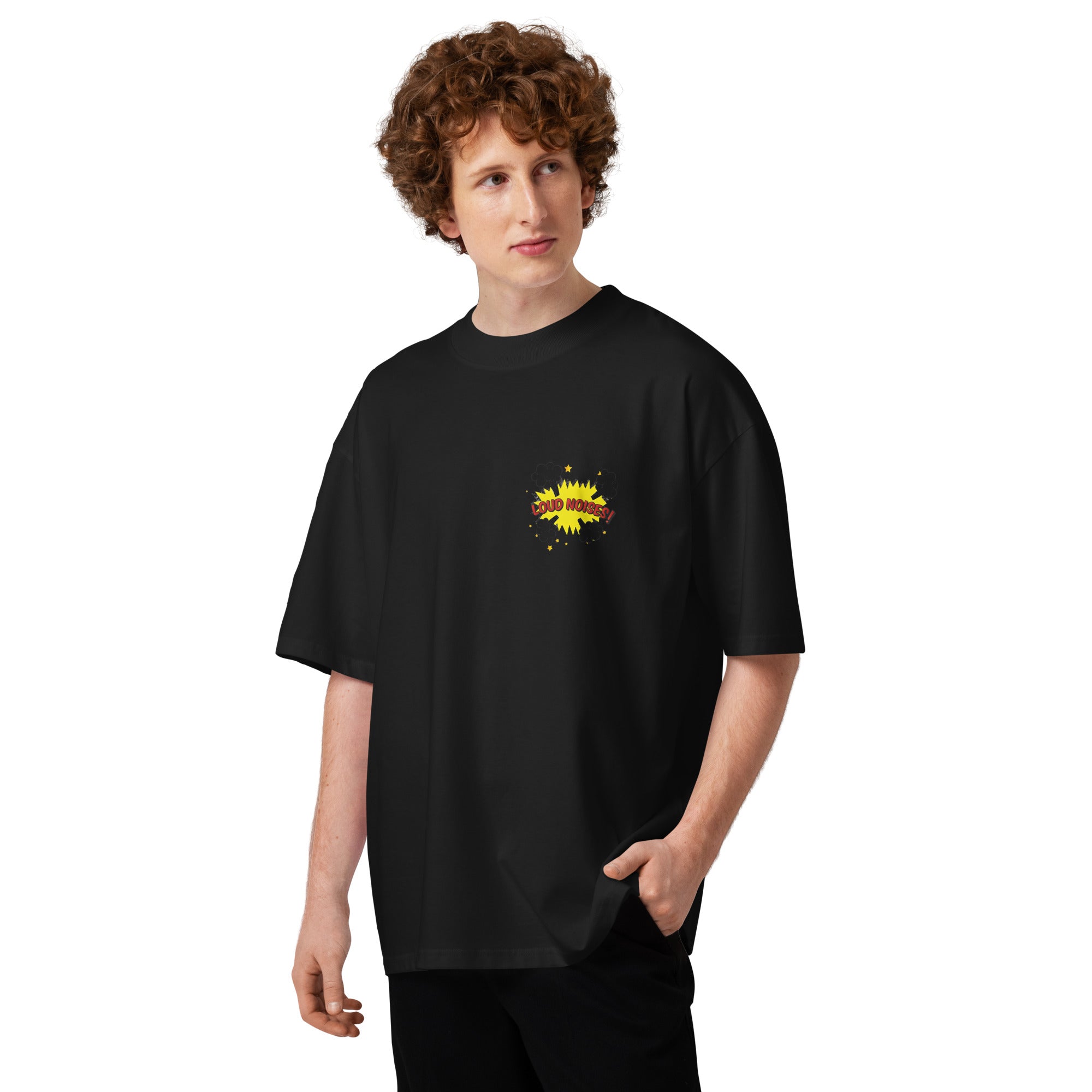 Loud Noises Anchorman Brick Tamland minimalist oversized tee in black, front view